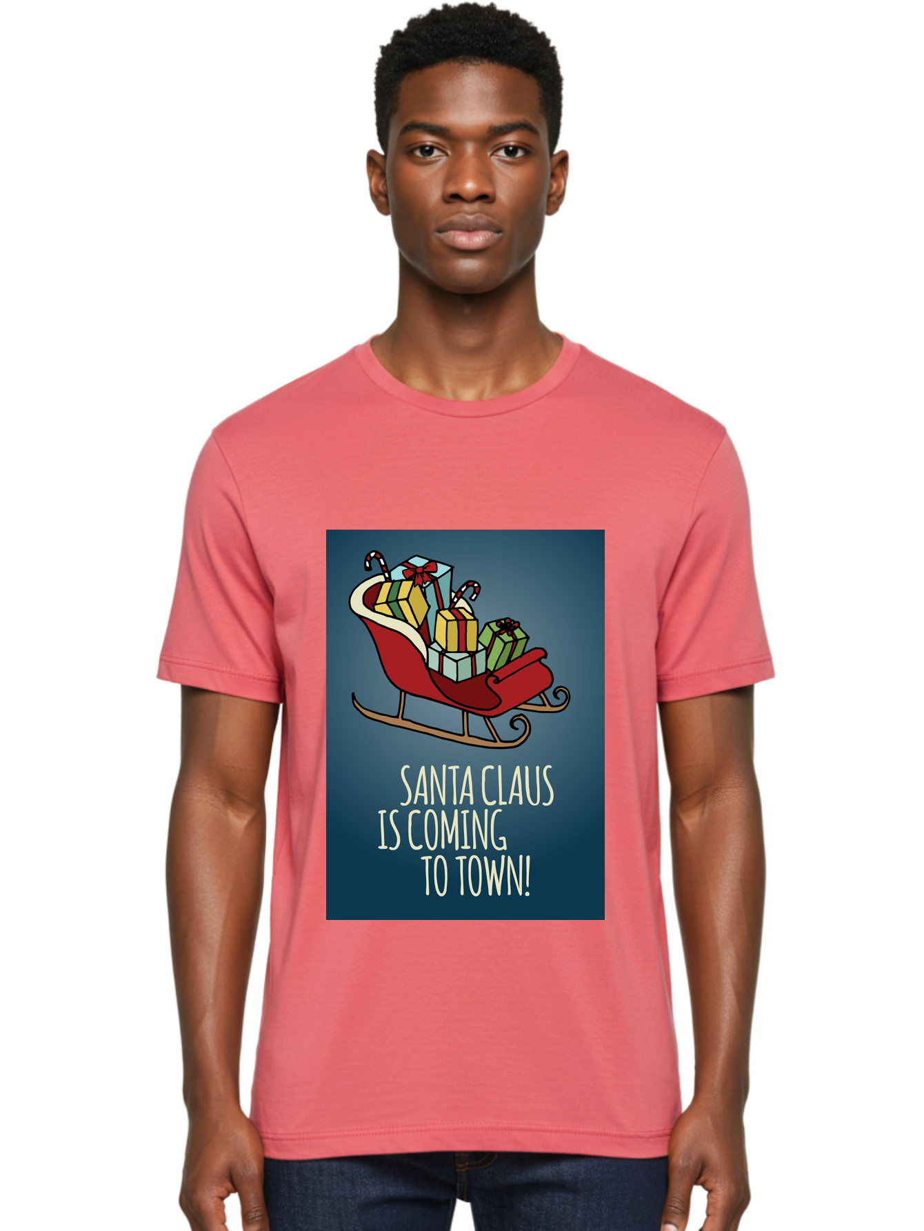 Santa-Claus-Is-Coming-To-Town Men'S Graphic Tee, 100% Cotton, Comfortable Casual Summer Wear, Machine Washable, Santa Claus, Christmas Gifts, Holiday Season, Festive Sleigh, Candy Canes, Wrapped Presents, Christmas Magic, Joyful Atmosphere, Aab093