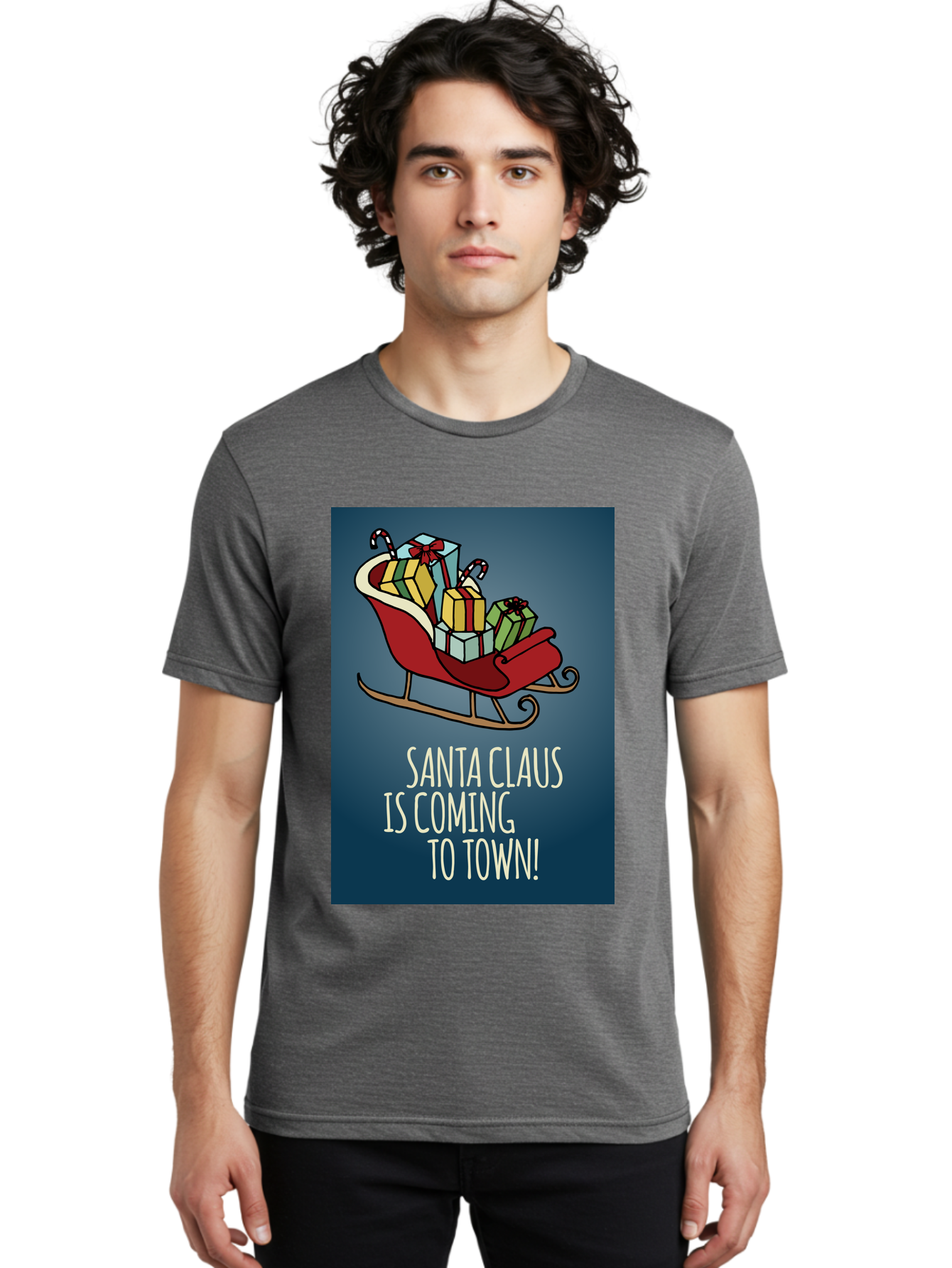 Santa-Claus-Is-Coming-To-Town Men'S Graphic Tee, 100% Cotton, Comfortable Casual Summer Wear, Machine Washable, Santa Claus, Christmas Gifts, Holiday Season, Festive Sleigh, Candy Canes, Wrapped Presents, Christmas Magic, Joyful Atmosphere, Aab093