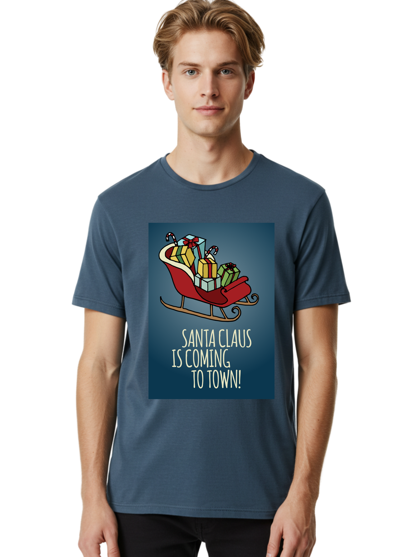 Santa-Claus-Is-Coming-To-Town Men'S Graphic Tee, 100% Cotton, Comfortable Casual Summer Wear, Machine Washable, Santa Claus, Christmas Gifts, Holiday Season, Festive Sleigh, Candy Canes, Wrapped Presents, Christmas Magic, Joyful Atmosphere, Aab093