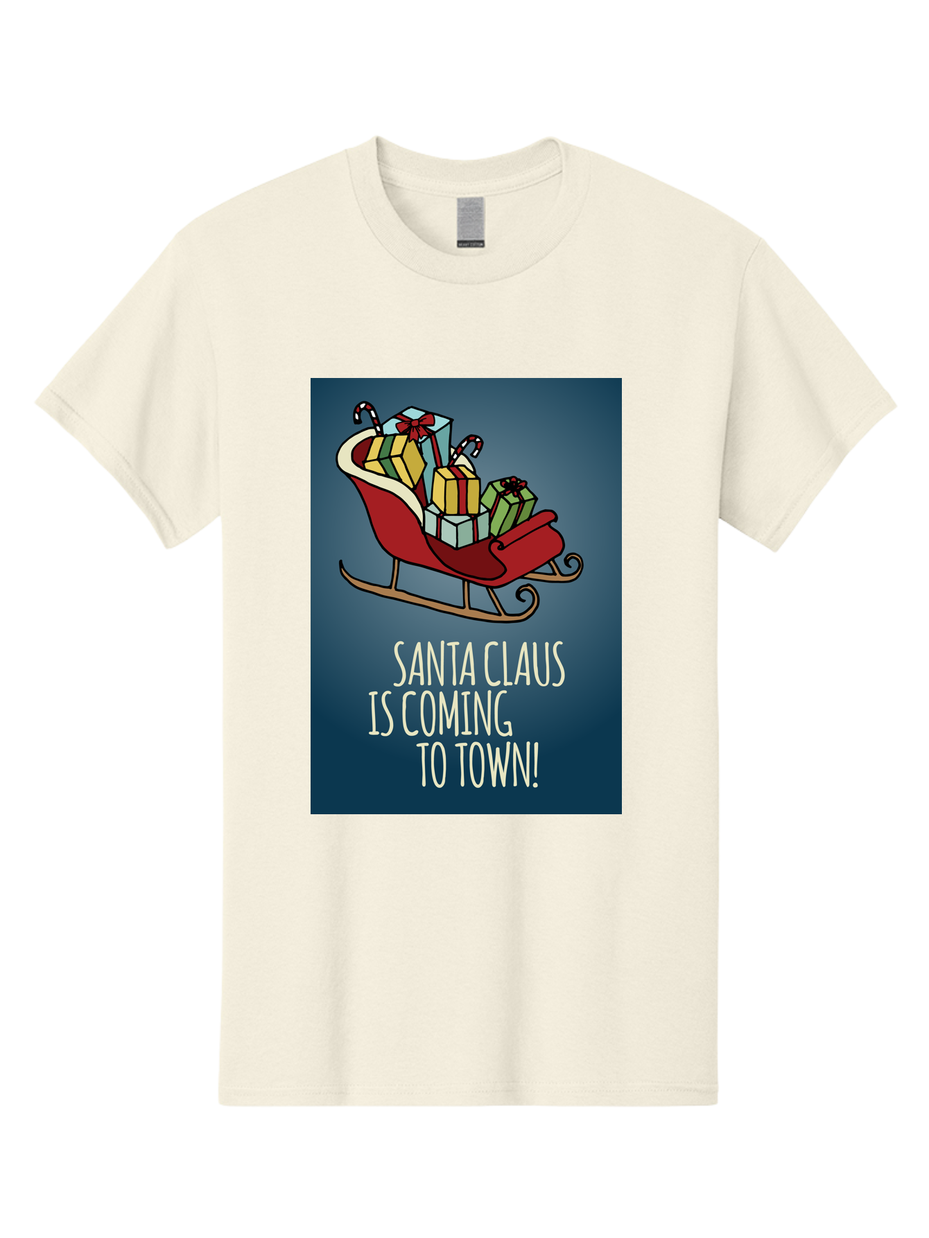 Santa-Claus-Is-Coming-To-Town Men'S Graphic Tee, 100% Cotton, Comfortable Casual Summer Wear, Machine Washable, Santa Claus, Christmas Gifts, Holiday Season, Festive Sleigh, Candy Canes, Wrapped Presents, Christmas Magic, Joyful Atmosphere, Aab093