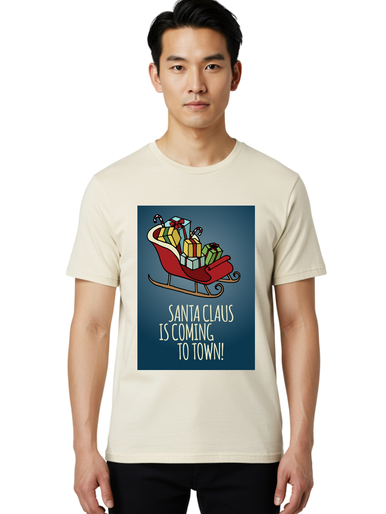 Santa-Claus-Is-Coming-To-Town Men'S Graphic Tee, 100% Cotton, Comfortable Casual Summer Wear, Machine Washable, Santa Claus, Christmas Gifts, Holiday Season, Festive Sleigh, Candy Canes, Wrapped Presents, Christmas Magic, Joyful Atmosphere, Aab093