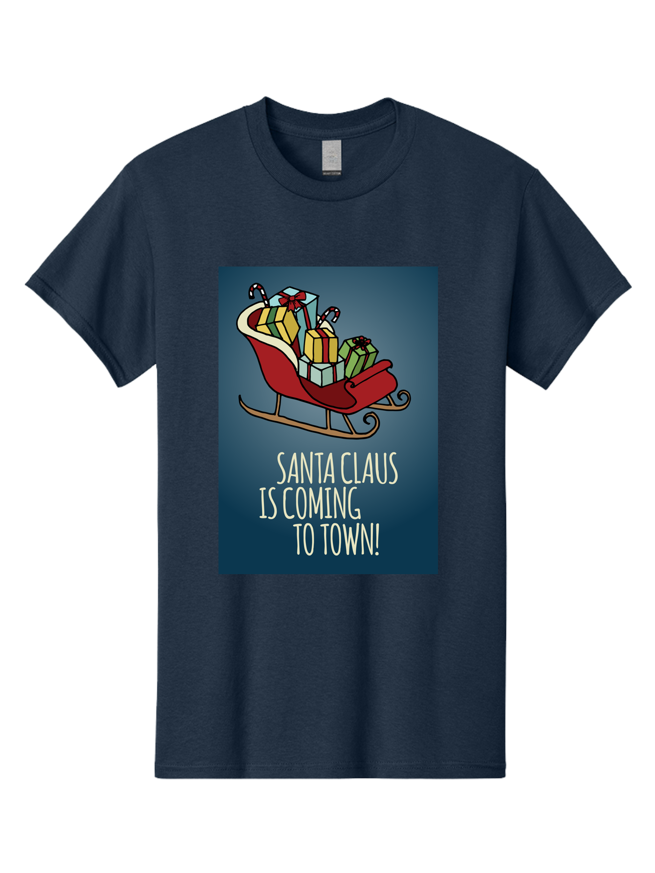 Santa-Claus-Is-Coming-To-Town Men'S Graphic Tee, 100% Cotton, Comfortable Casual Summer Wear, Machine Washable, Santa Claus, Christmas Gifts, Holiday Season, Festive Sleigh, Candy Canes, Wrapped Presents, Christmas Magic, Joyful Atmosphere, Aab093