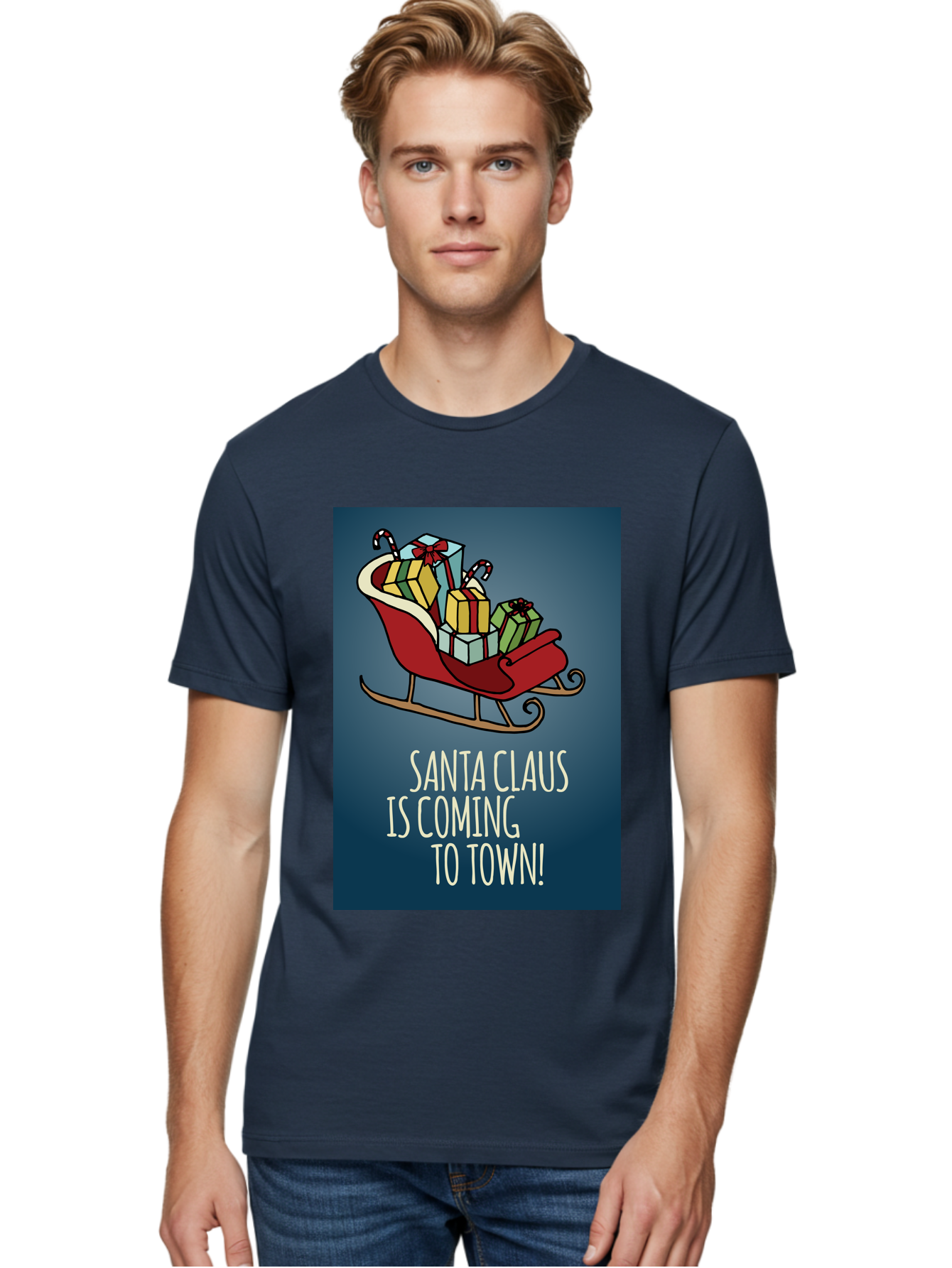 Santa-Claus-Is-Coming-To-Town Men'S Graphic Tee, 100% Cotton, Comfortable Casual Summer Wear, Machine Washable, Santa Claus, Christmas Gifts, Holiday Season, Festive Sleigh, Candy Canes, Wrapped Presents, Christmas Magic, Joyful Atmosphere, Aab093