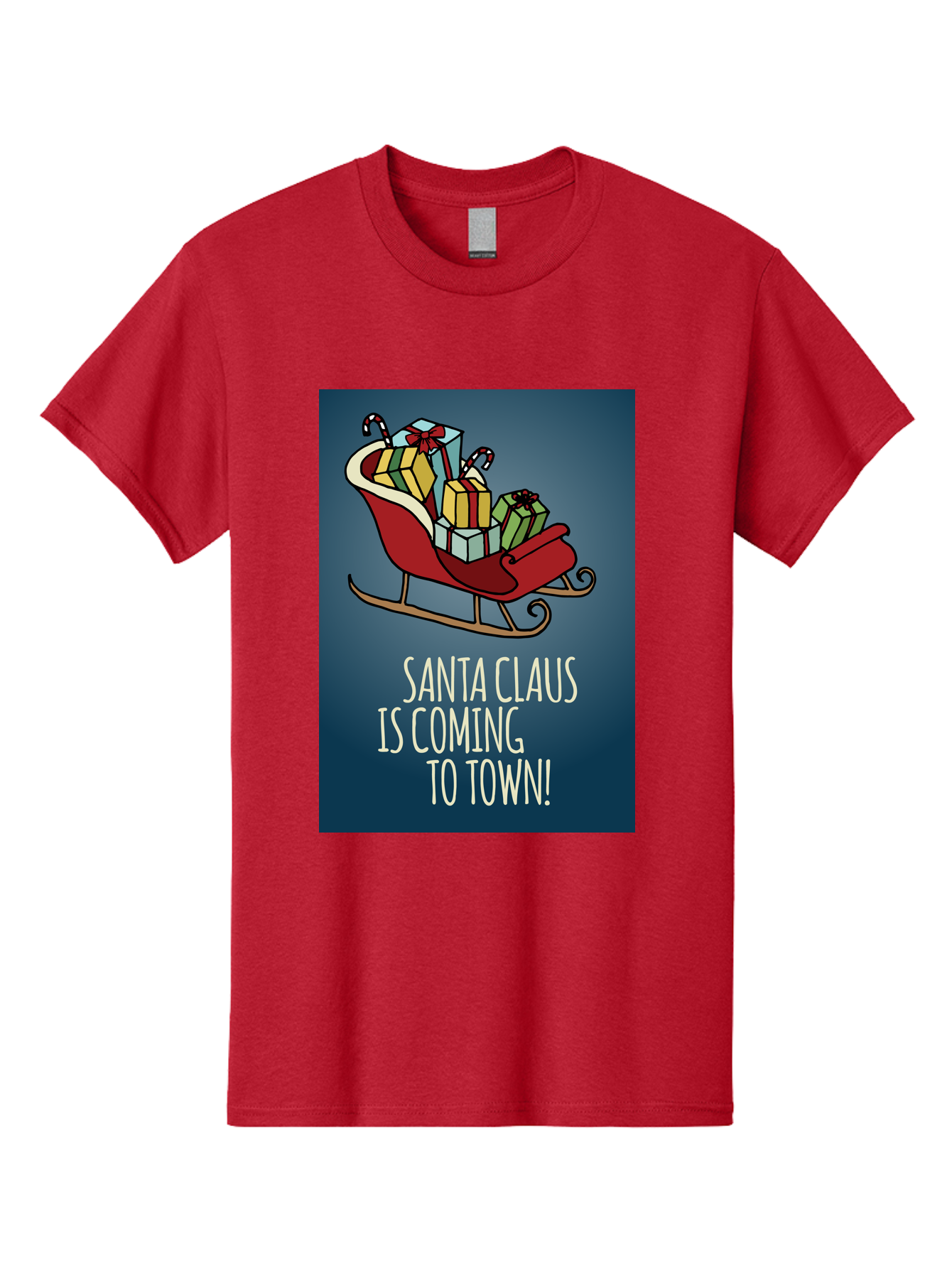 Santa-Claus-Is-Coming-To-Town Men'S Graphic Tee, 100% Cotton, Comfortable Casual Summer Wear, Machine Washable, Santa Claus, Christmas Gifts, Holiday Season, Festive Sleigh, Candy Canes, Wrapped Presents, Christmas Magic, Joyful Atmosphere, Aab093