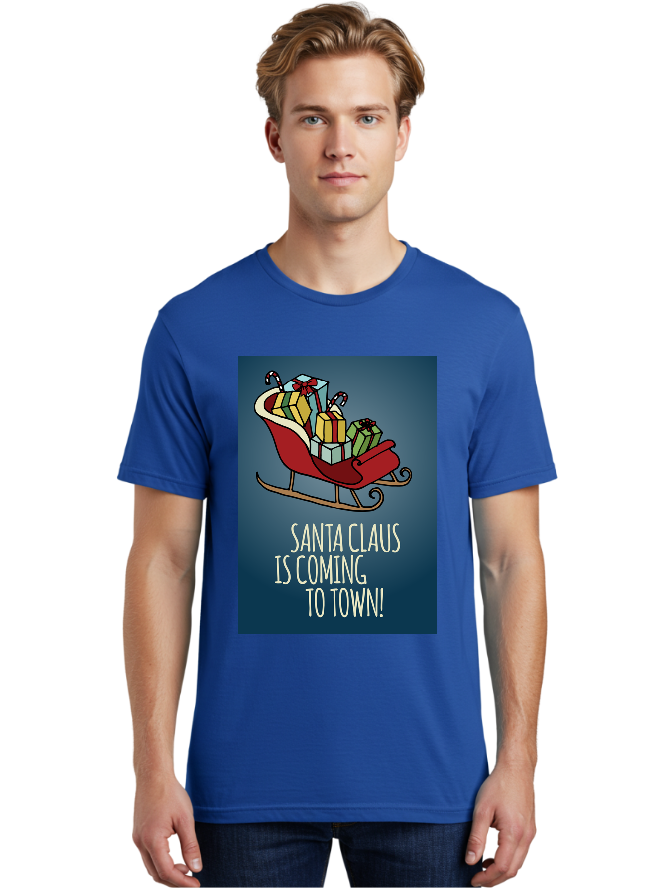 Santa-Claus-Is-Coming-To-Town Men'S Graphic Tee, 100% Cotton, Comfortable Casual Summer Wear, Machine Washable, Santa Claus, Christmas Gifts, Holiday Season, Festive Sleigh, Candy Canes, Wrapped Presents, Christmas Magic, Joyful Atmosphere, Aab093