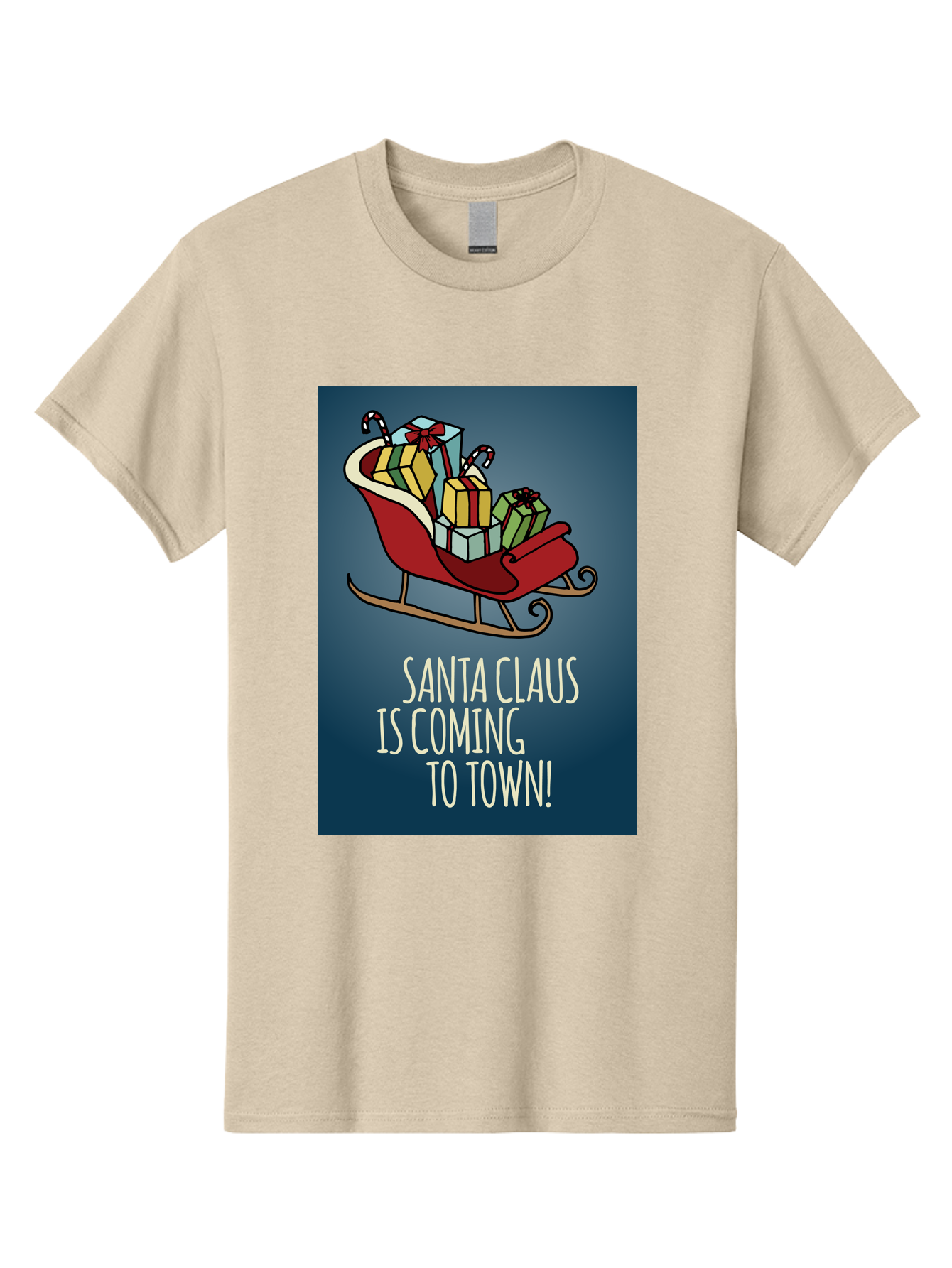 Santa-Claus-Is-Coming-To-Town Men'S Graphic Tee, 100% Cotton, Comfortable Casual Summer Wear, Machine Washable, Santa Claus, Christmas Gifts, Holiday Season, Festive Sleigh, Candy Canes, Wrapped Presents, Christmas Magic, Joyful Atmosphere, Aab093