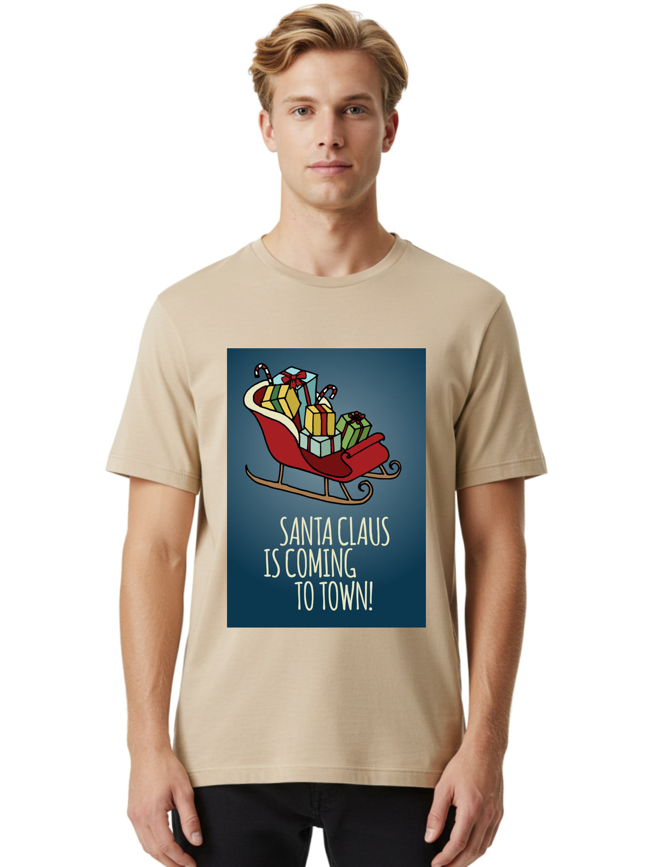 Santa-Claus-Is-Coming-To-Town Men'S Graphic Tee, 100% Cotton, Comfortable Casual Summer Wear, Machine Washable, Santa Claus, Christmas Gifts, Holiday Season, Festive Sleigh, Candy Canes, Wrapped Presents, Christmas Magic, Joyful Atmosphere, Aab093