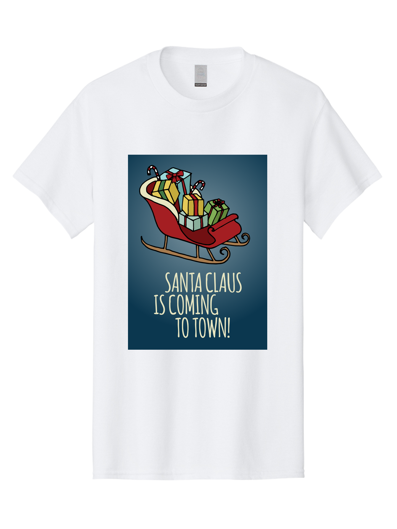 Santa-Claus-Is-Coming-To-Town Men'S Graphic Tee, 100% Cotton, Comfortable Casual Summer Wear, Machine Washable, Santa Claus, Christmas Gifts, Holiday Season, Festive Sleigh, Candy Canes, Wrapped Presents, Christmas Magic, Joyful Atmosphere, Aab093