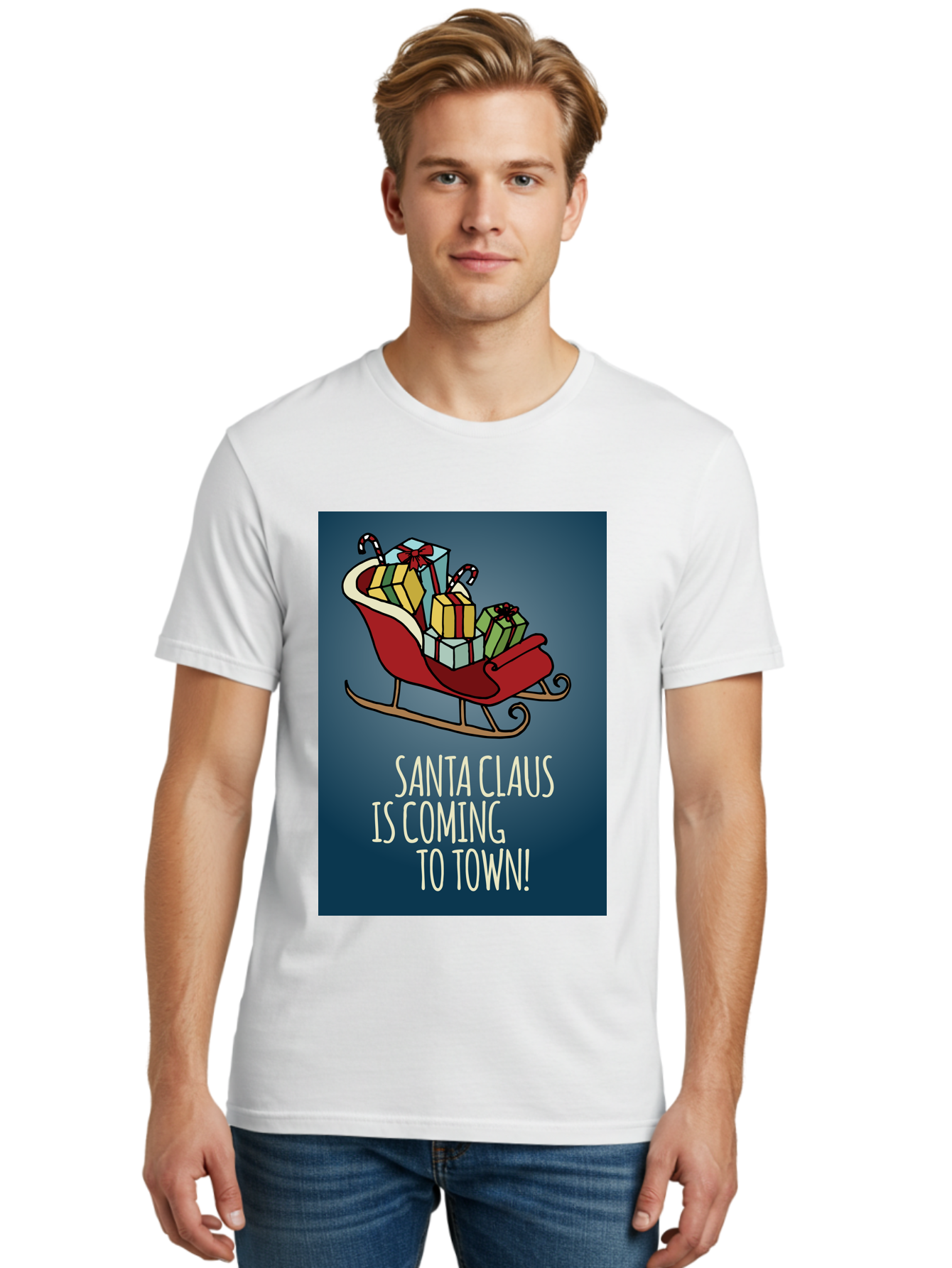 Santa-Claus-Is-Coming-To-Town Men'S Graphic Tee, 100% Cotton, Comfortable Casual Summer Wear, Machine Washable, Santa Claus, Christmas Gifts, Holiday Season, Festive Sleigh, Candy Canes, Wrapped Presents, Christmas Magic, Joyful Atmosphere, Aab093