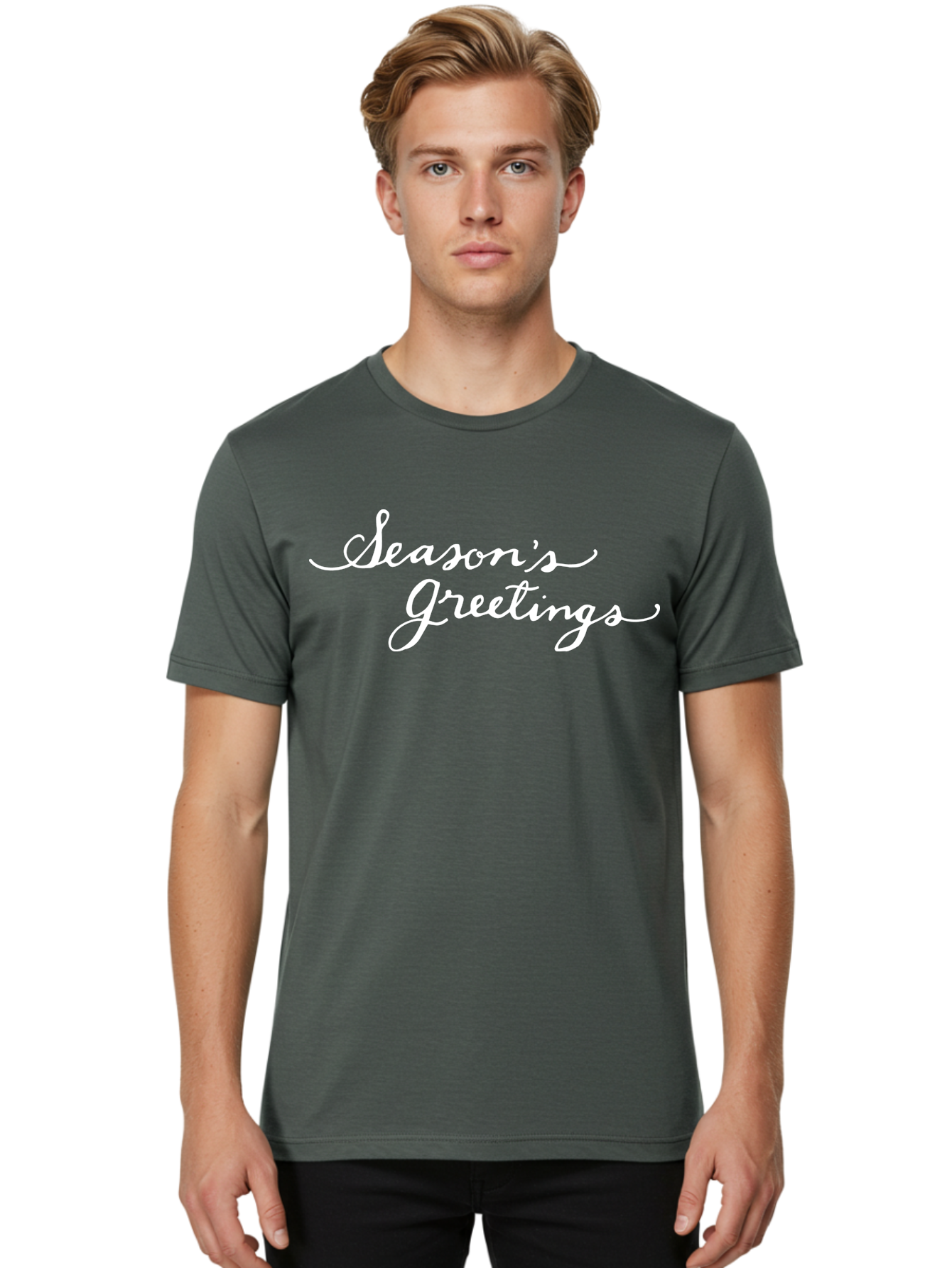 Season-S-Greetings Men'S Graphic Tee, 100% Cotton, Comfortable Casual Summer Wear, Machine Washable, Season'S Greetings, Holiday Message, Festive Greeting, Christmas Wishes, White Cursive Text, Elegant Script, Winter Season Aab100