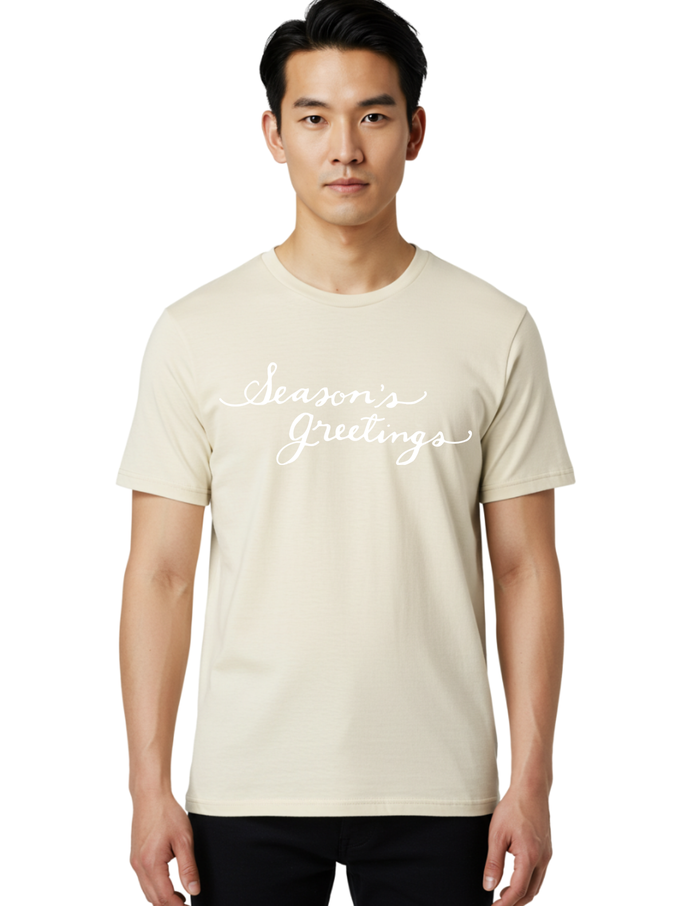 Season-S-Greetings Men'S Graphic Tee, 100% Cotton, Comfortable Casual Summer Wear, Machine Washable, Season'S Greetings, Holiday Message, Festive Greeting, Christmas Wishes, White Cursive Text, Elegant Script, Winter Season Aab100