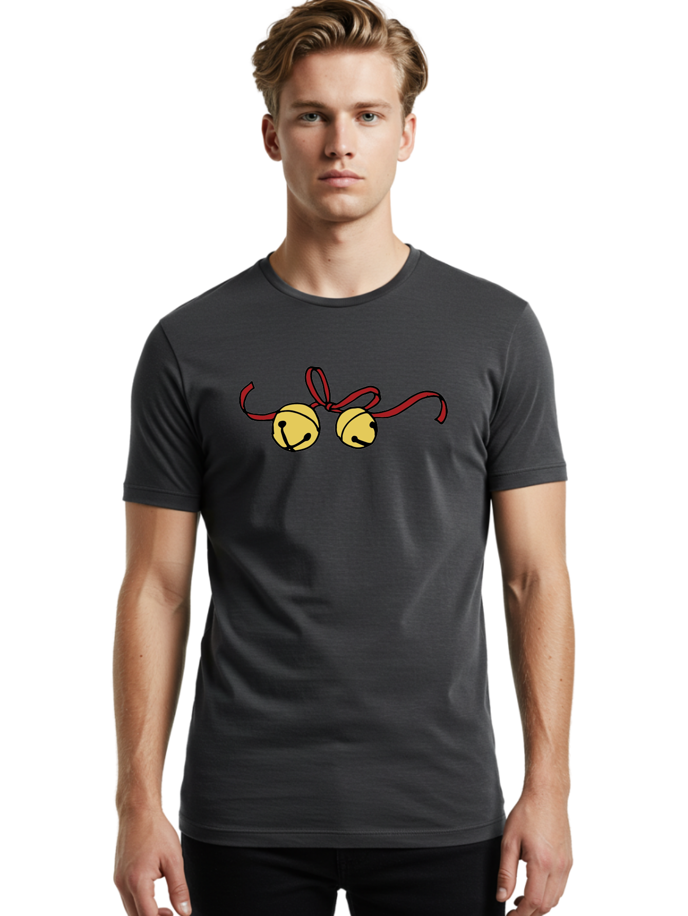Sleigh-Bells Men'S Graphic Tee, 100% Cotton, Comfortable Casual Summer Wear, Machine Washable, Sleigh Bells, Jingle Bells, Red Ribbon, Festive Decor, Christmas Decorations, Holiday Cheer, Winter Wonderland, Cartoon Illustration, Yellow Bells Aab107