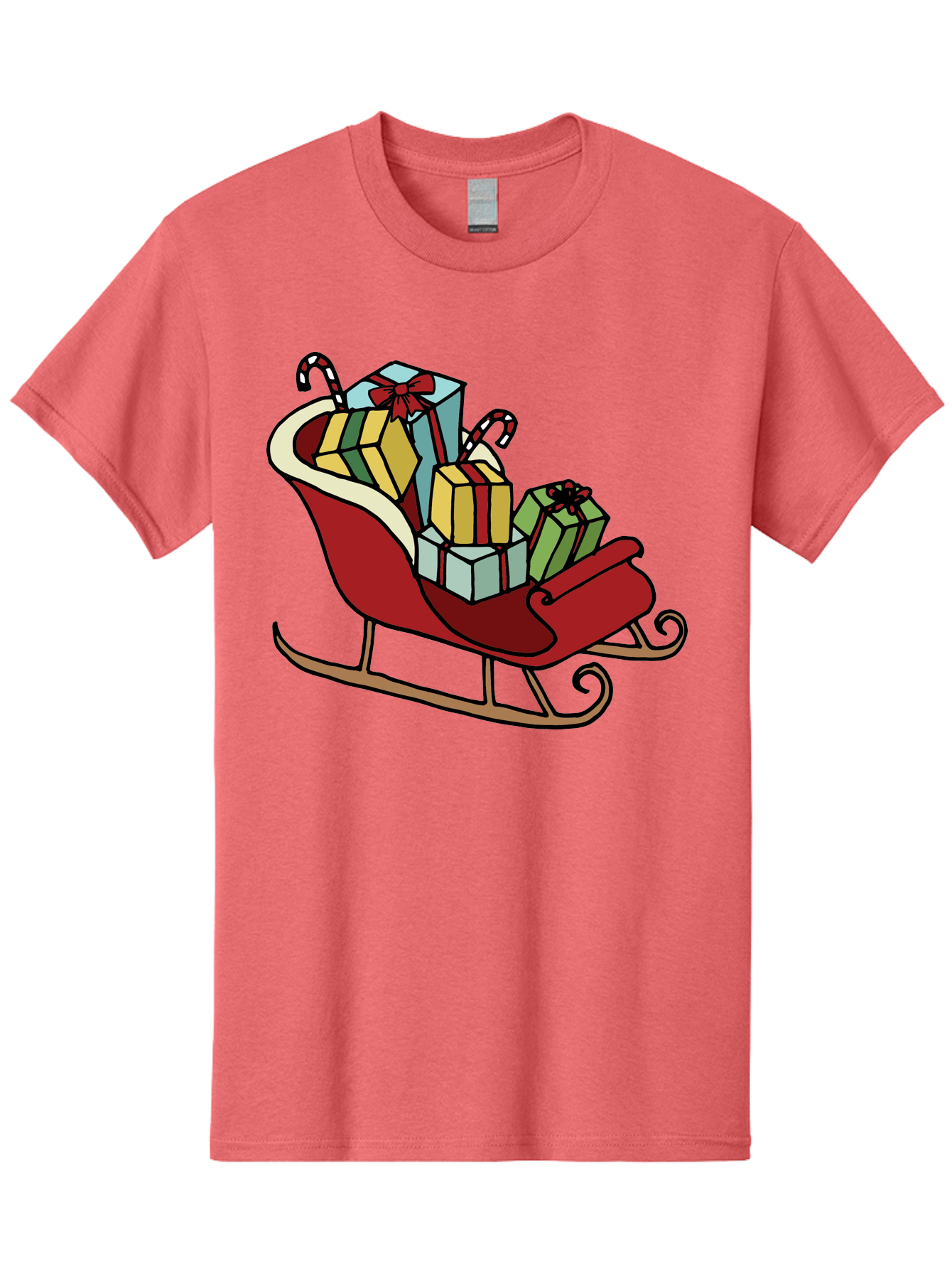 Sleigh-With-Gifts Men'S Graphic Tee, 100% Cotton, Comfortable Casual Summer Wear, Machine Washable, Christmas Gifts, Wrapped Presents, Red Sleigh, Holiday Decorations, Candy Canes, Festive Atmosphere, Winter Season, Joyful Spirit, Gift Giving, Aab108