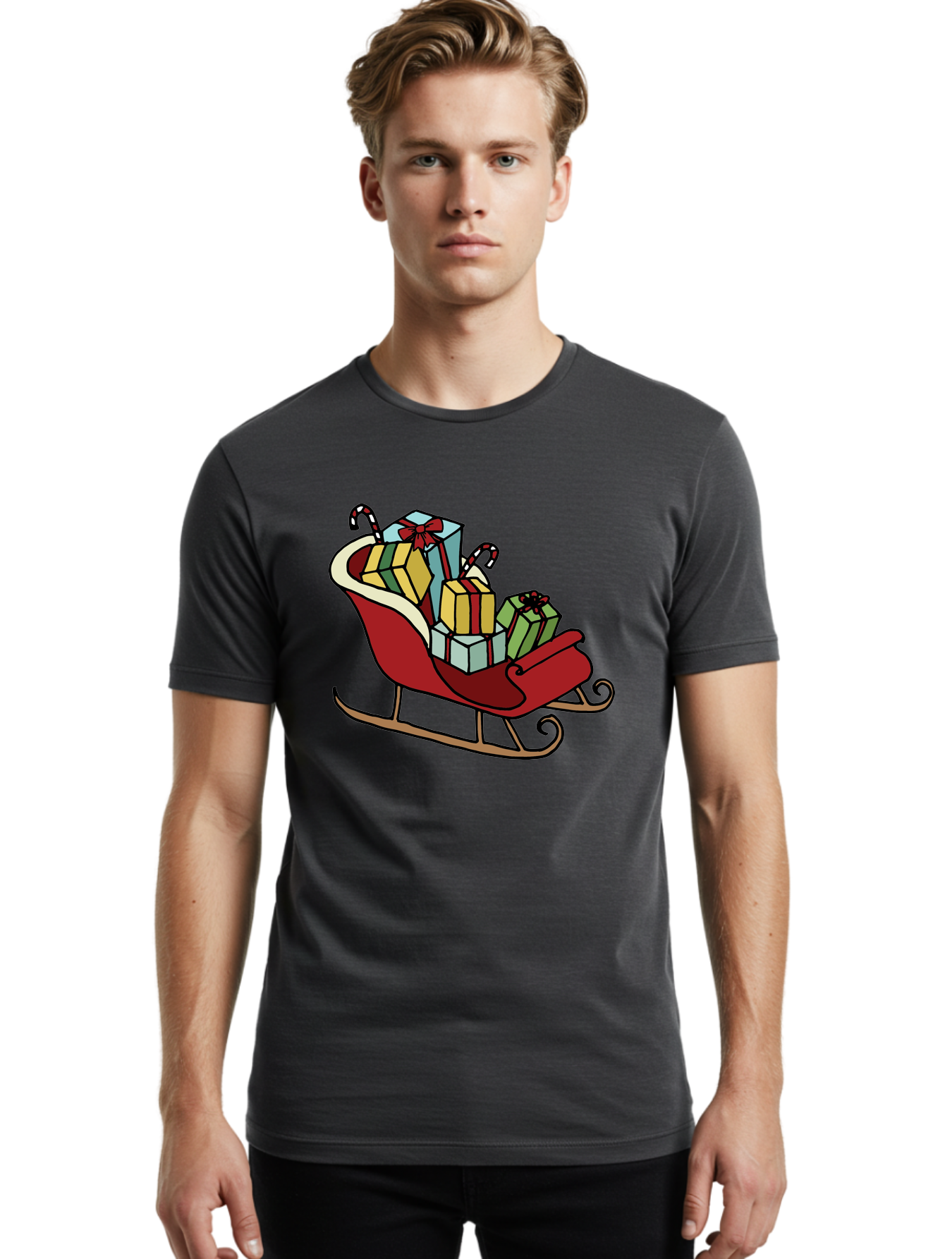 Sleigh-With-Gifts Men'S Graphic Tee, 100% Cotton, Comfortable Casual Summer Wear, Machine Washable, Christmas Gifts, Wrapped Presents, Red Sleigh, Holiday Decorations, Candy Canes, Festive Atmosphere, Winter Season, Joyful Spirit, Gift Giving, Aab108