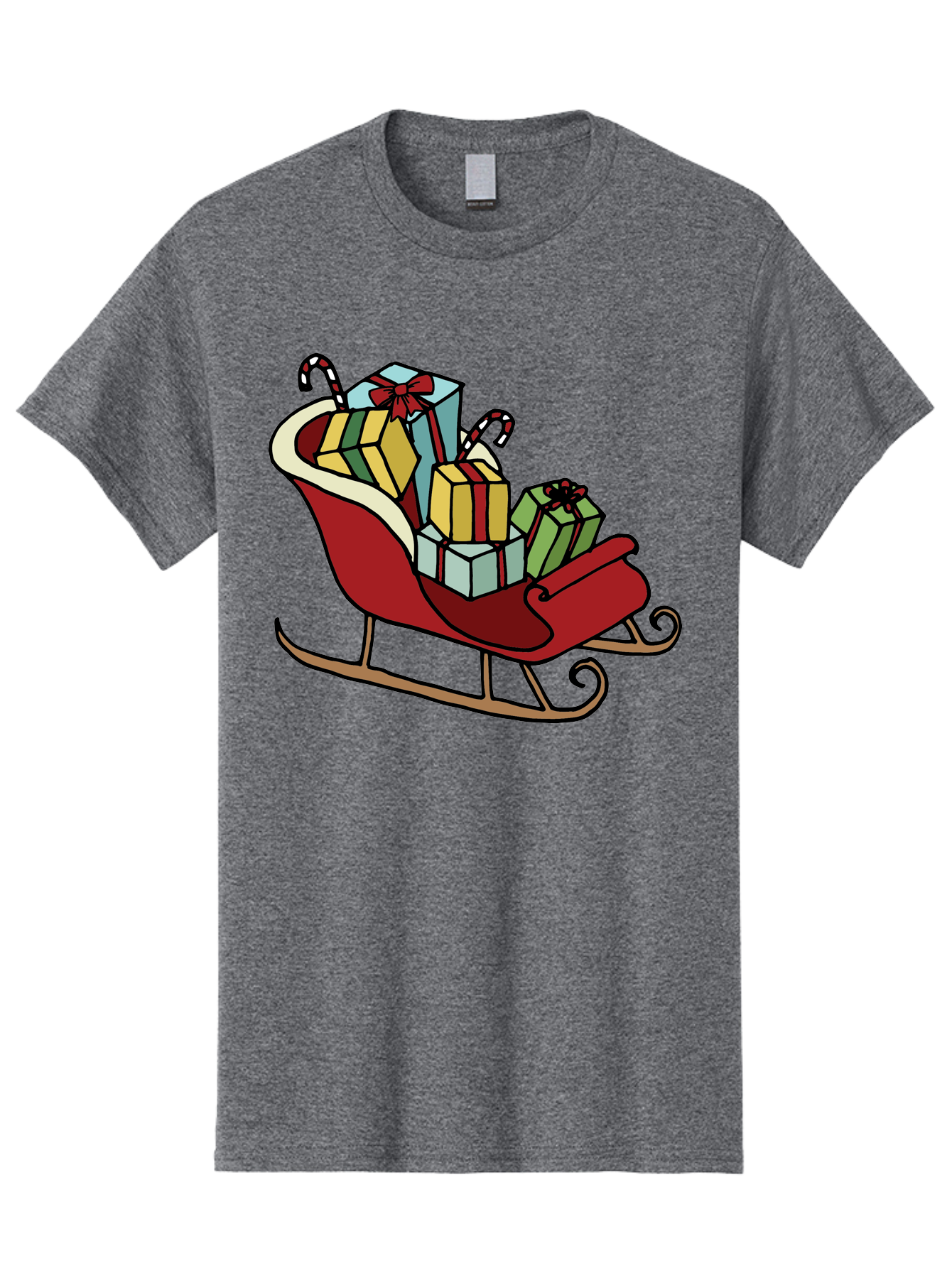 Sleigh-With-Gifts Men'S Graphic Tee, 100% Cotton, Comfortable Casual Summer Wear, Machine Washable, Christmas Gifts, Wrapped Presents, Red Sleigh, Holiday Decorations, Candy Canes, Festive Atmosphere, Winter Season, Joyful Spirit, Gift Giving, Aab108