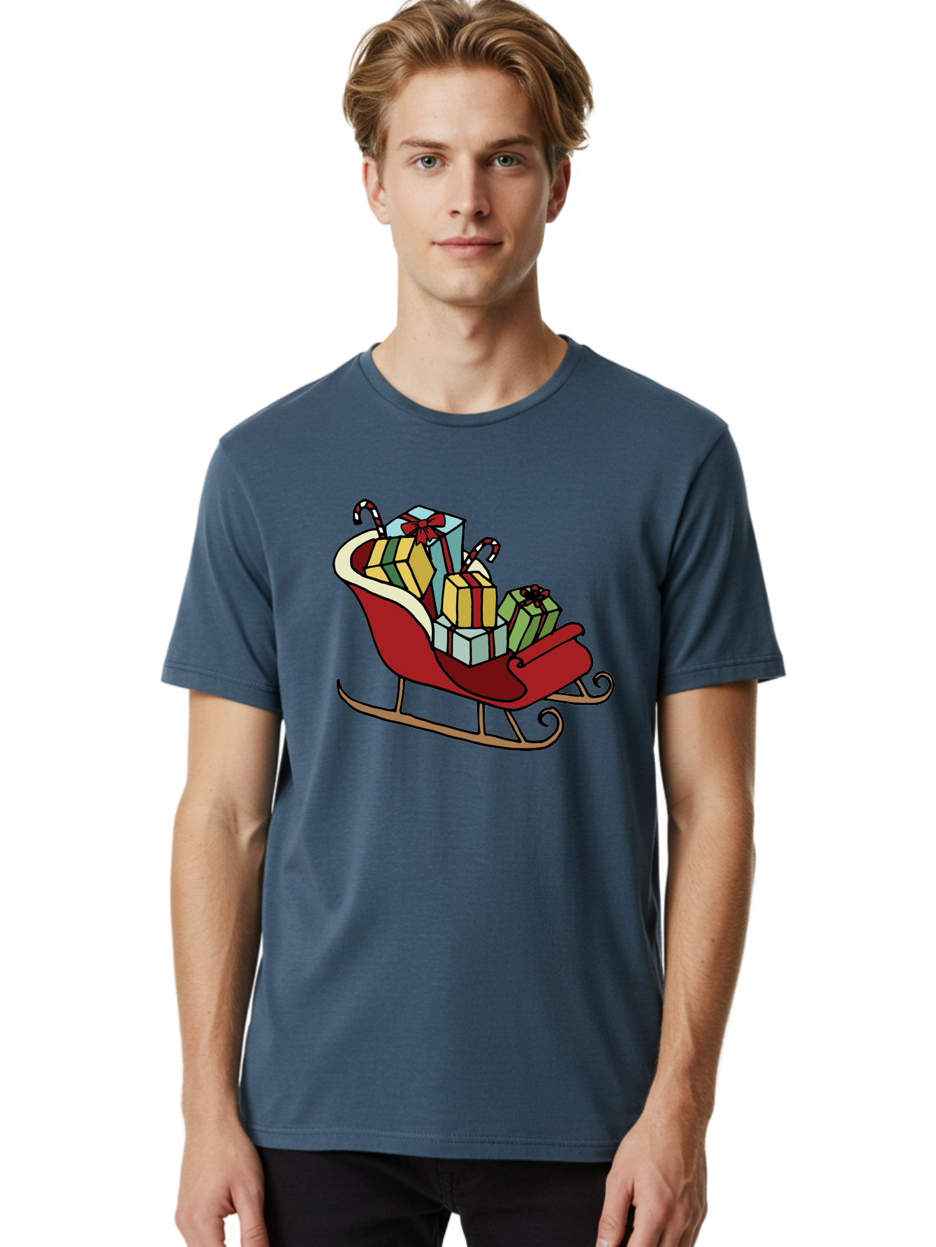 Sleigh-With-Gifts Men'S Graphic Tee, 100% Cotton, Comfortable Casual Summer Wear, Machine Washable, Christmas Gifts, Wrapped Presents, Red Sleigh, Holiday Decorations, Candy Canes, Festive Atmosphere, Winter Season, Joyful Spirit, Gift Giving, Aab108