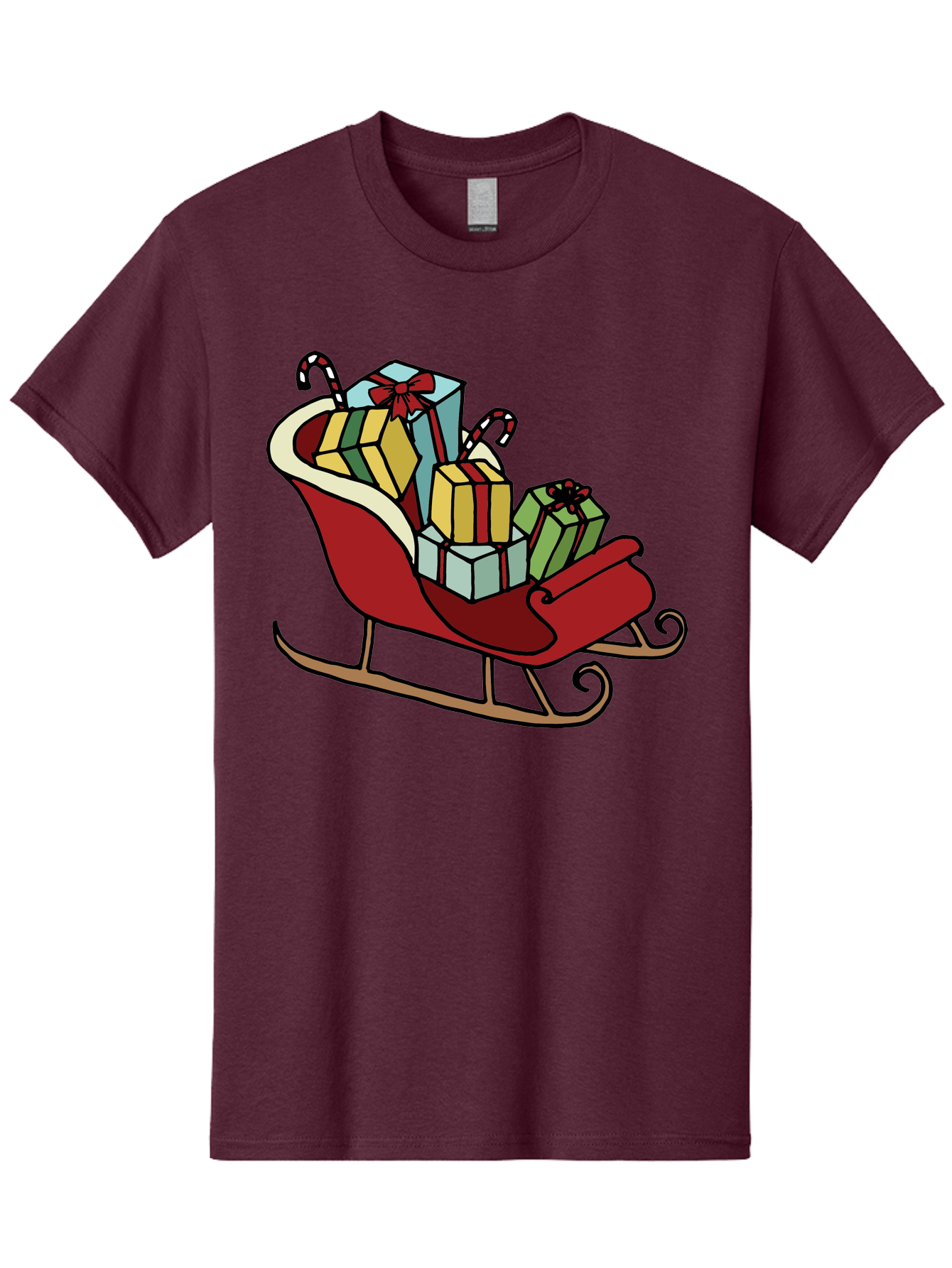 Sleigh-With-Gifts Men'S Graphic Tee, 100% Cotton, Comfortable Casual Summer Wear, Machine Washable, Christmas Gifts, Wrapped Presents, Red Sleigh, Holiday Decorations, Candy Canes, Festive Atmosphere, Winter Season, Joyful Spirit, Gift Giving, Aab108