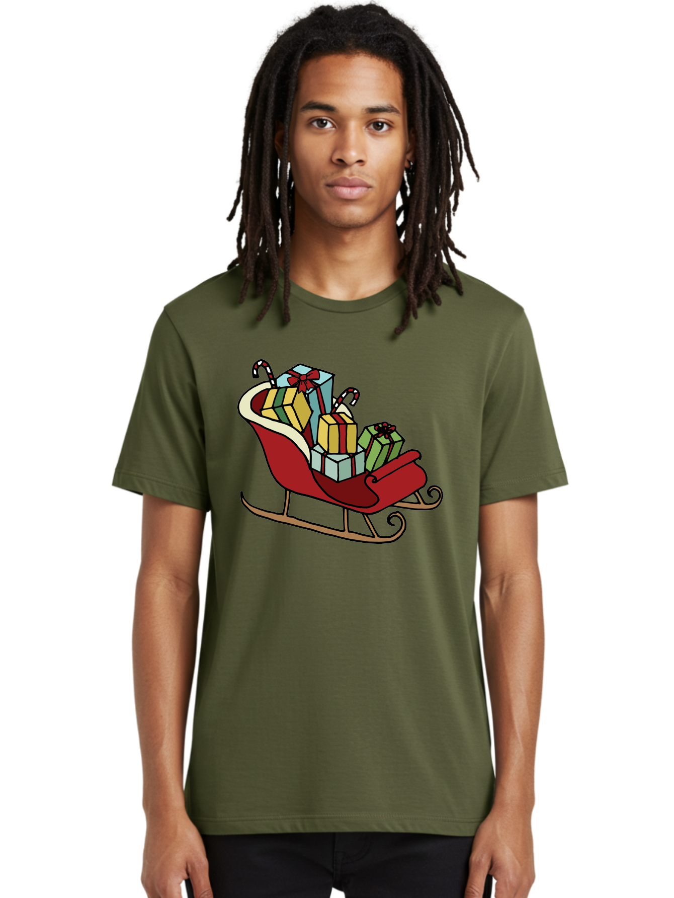 Sleigh-With-Gifts Men'S Graphic Tee, 100% Cotton, Comfortable Casual Summer Wear, Machine Washable, Christmas Gifts, Wrapped Presents, Red Sleigh, Holiday Decorations, Candy Canes, Festive Atmosphere, Winter Season, Joyful Spirit, Gift Giving, Aab108