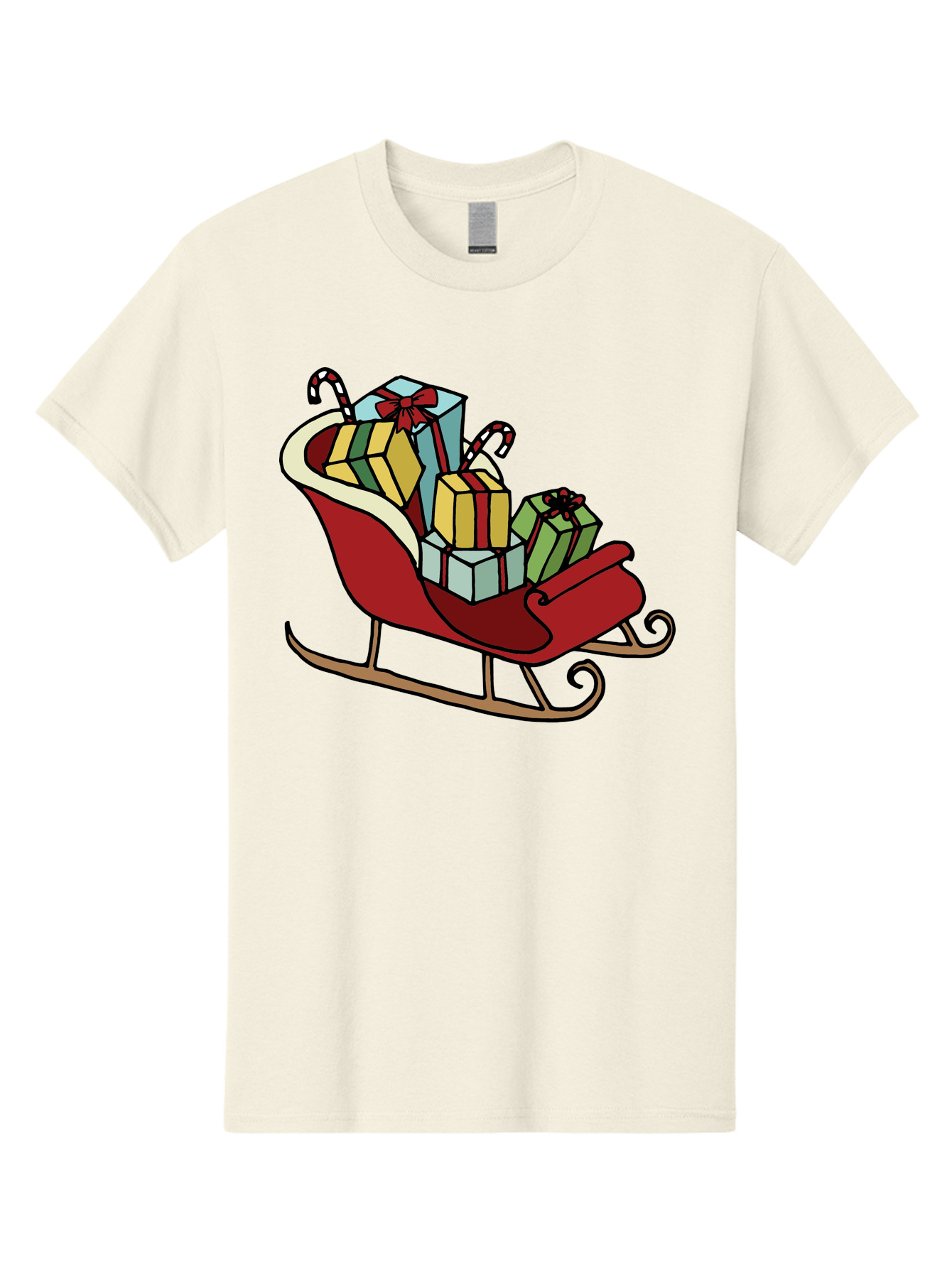 Sleigh-With-Gifts Men'S Graphic Tee, 100% Cotton, Comfortable Casual Summer Wear, Machine Washable, Christmas Gifts, Wrapped Presents, Red Sleigh, Holiday Decorations, Candy Canes, Festive Atmosphere, Winter Season, Joyful Spirit, Gift Giving, Aab108