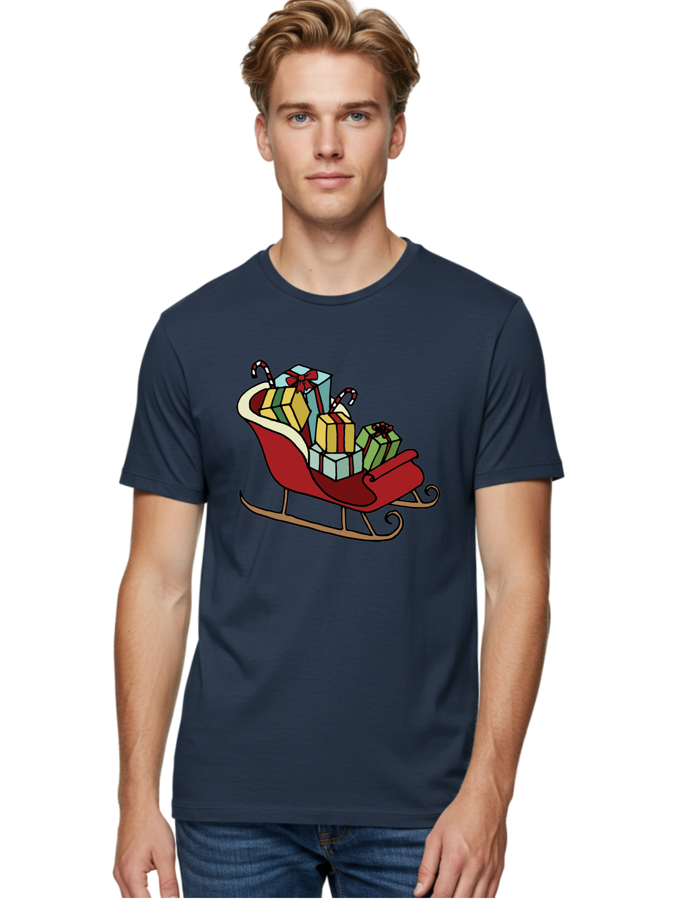 Sleigh-With-Gifts Men'S Graphic Tee, 100% Cotton, Comfortable Casual Summer Wear, Machine Washable, Christmas Gifts, Wrapped Presents, Red Sleigh, Holiday Decorations, Candy Canes, Festive Atmosphere, Winter Season, Joyful Spirit, Gift Giving, Aab108