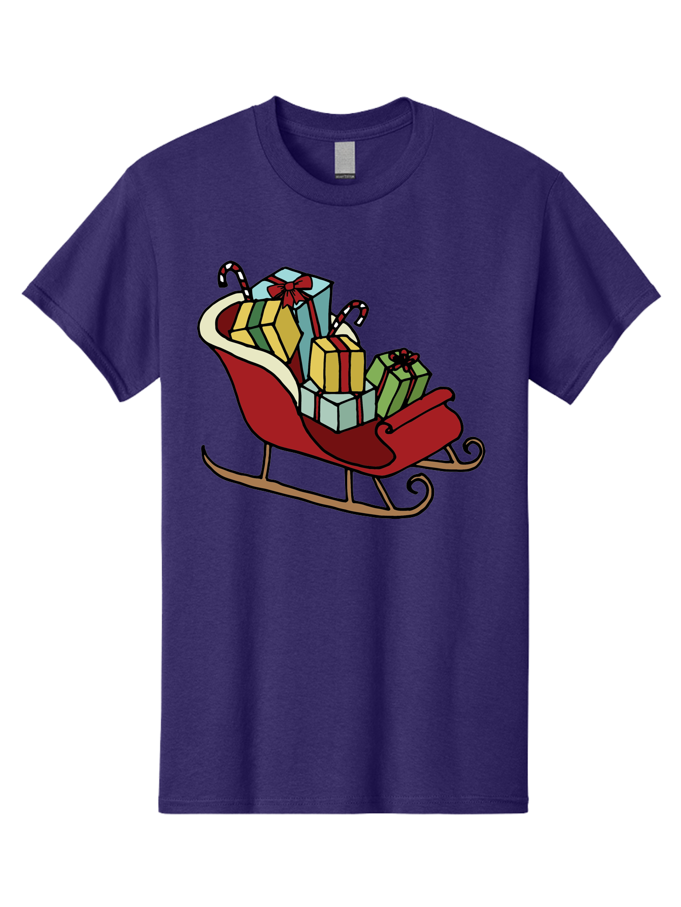 Sleigh-With-Gifts Men'S Graphic Tee, 100% Cotton, Comfortable Casual Summer Wear, Machine Washable, Christmas Gifts, Wrapped Presents, Red Sleigh, Holiday Decorations, Candy Canes, Festive Atmosphere, Winter Season, Joyful Spirit, Gift Giving, Aab108