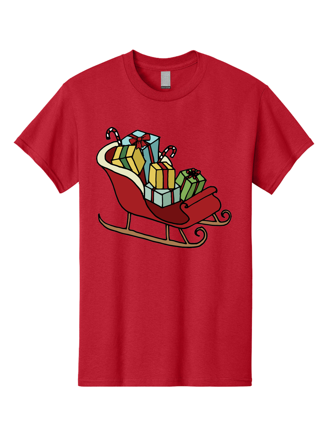 Sleigh-With-Gifts Men'S Graphic Tee, 100% Cotton, Comfortable Casual Summer Wear, Machine Washable, Christmas Gifts, Wrapped Presents, Red Sleigh, Holiday Decorations, Candy Canes, Festive Atmosphere, Winter Season, Joyful Spirit, Gift Giving, Aab108