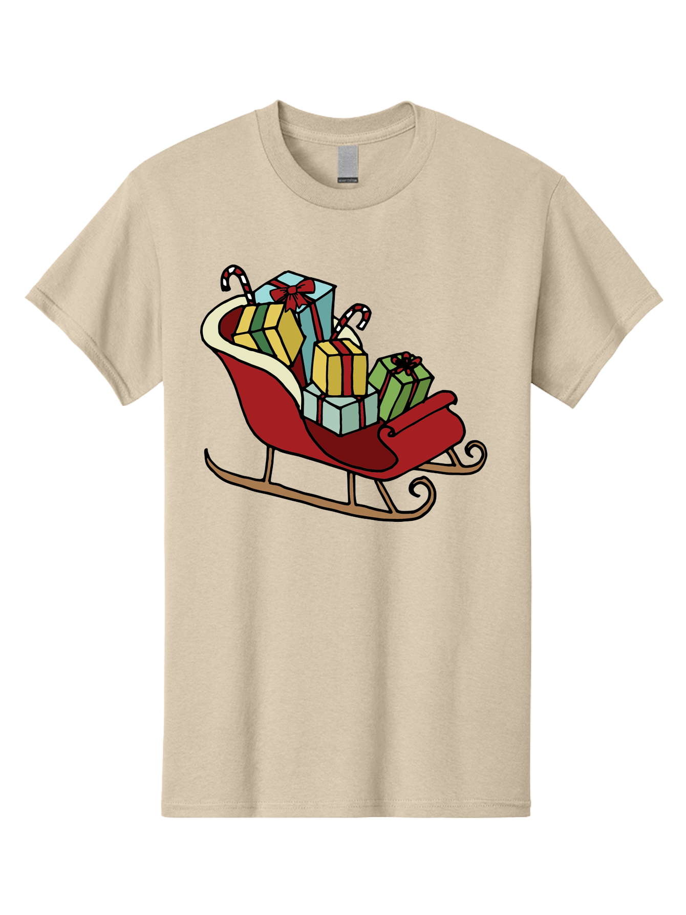Sleigh-With-Gifts Men'S Graphic Tee, 100% Cotton, Comfortable Casual Summer Wear, Machine Washable, Christmas Gifts, Wrapped Presents, Red Sleigh, Holiday Decorations, Candy Canes, Festive Atmosphere, Winter Season, Joyful Spirit, Gift Giving, Aab108