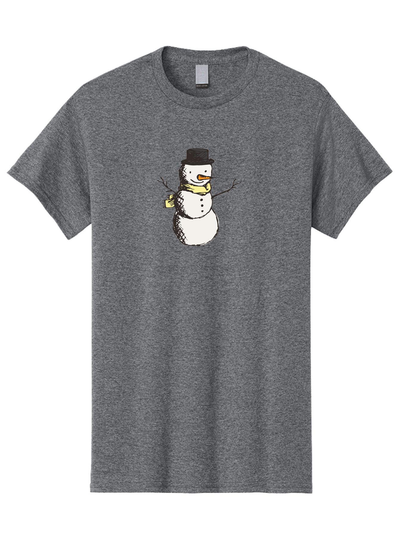 Smiling-Snowman Men'S Graphic Tee, 100% Cotton, Comfortable Casual Summer Wear, Machine Washable, Cartoon Snowman, Winter Character, Top Hat, Yellow Scarf, Carrot Nose, Stick Arms, Winter Fun, Festive Figure, Holiday Cheer, Aab110