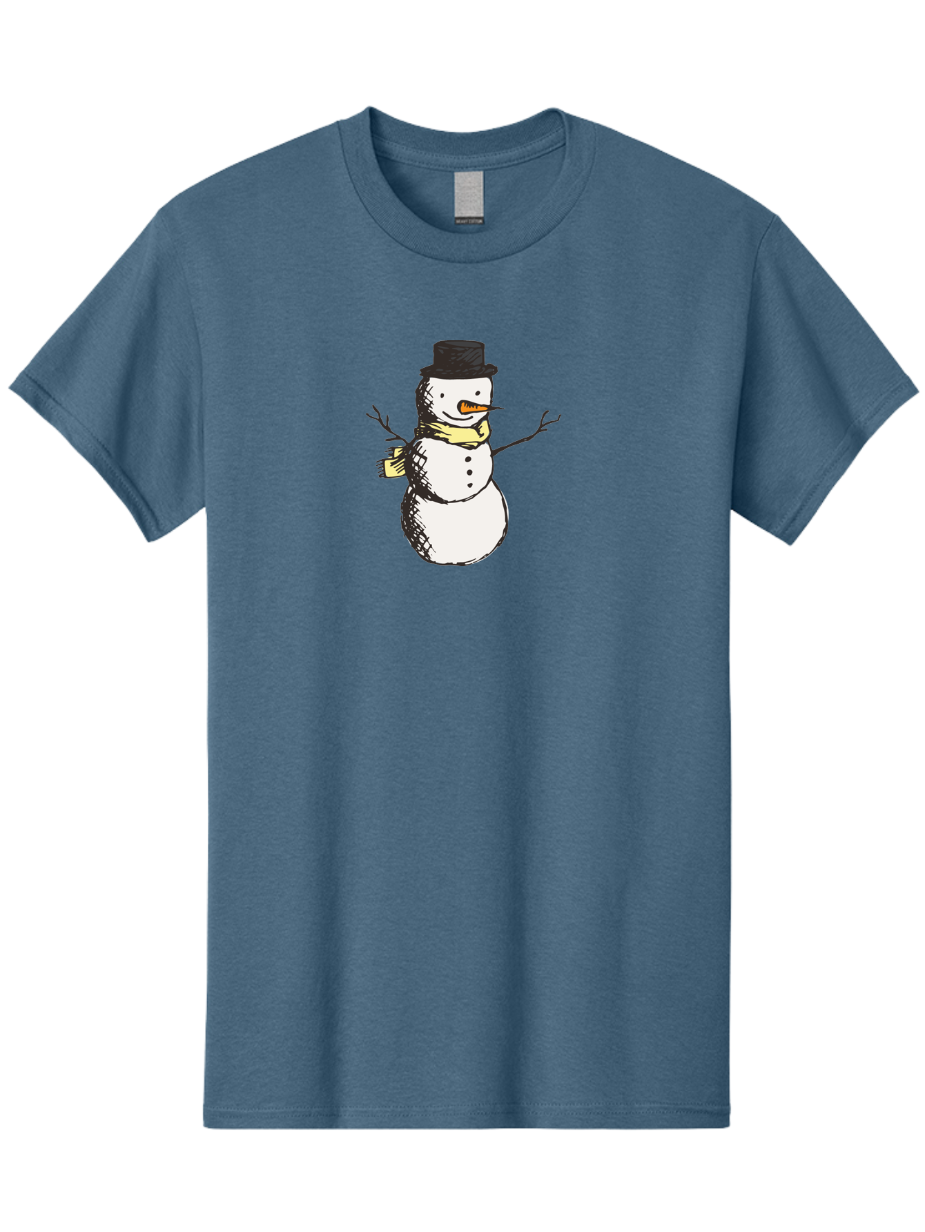 Smiling-Snowman Men'S Graphic Tee, 100% Cotton, Comfortable Casual Summer Wear, Machine Washable, Cartoon Snowman, Winter Character, Top Hat, Yellow Scarf, Carrot Nose, Stick Arms, Winter Fun, Festive Figure, Holiday Cheer, Aab110