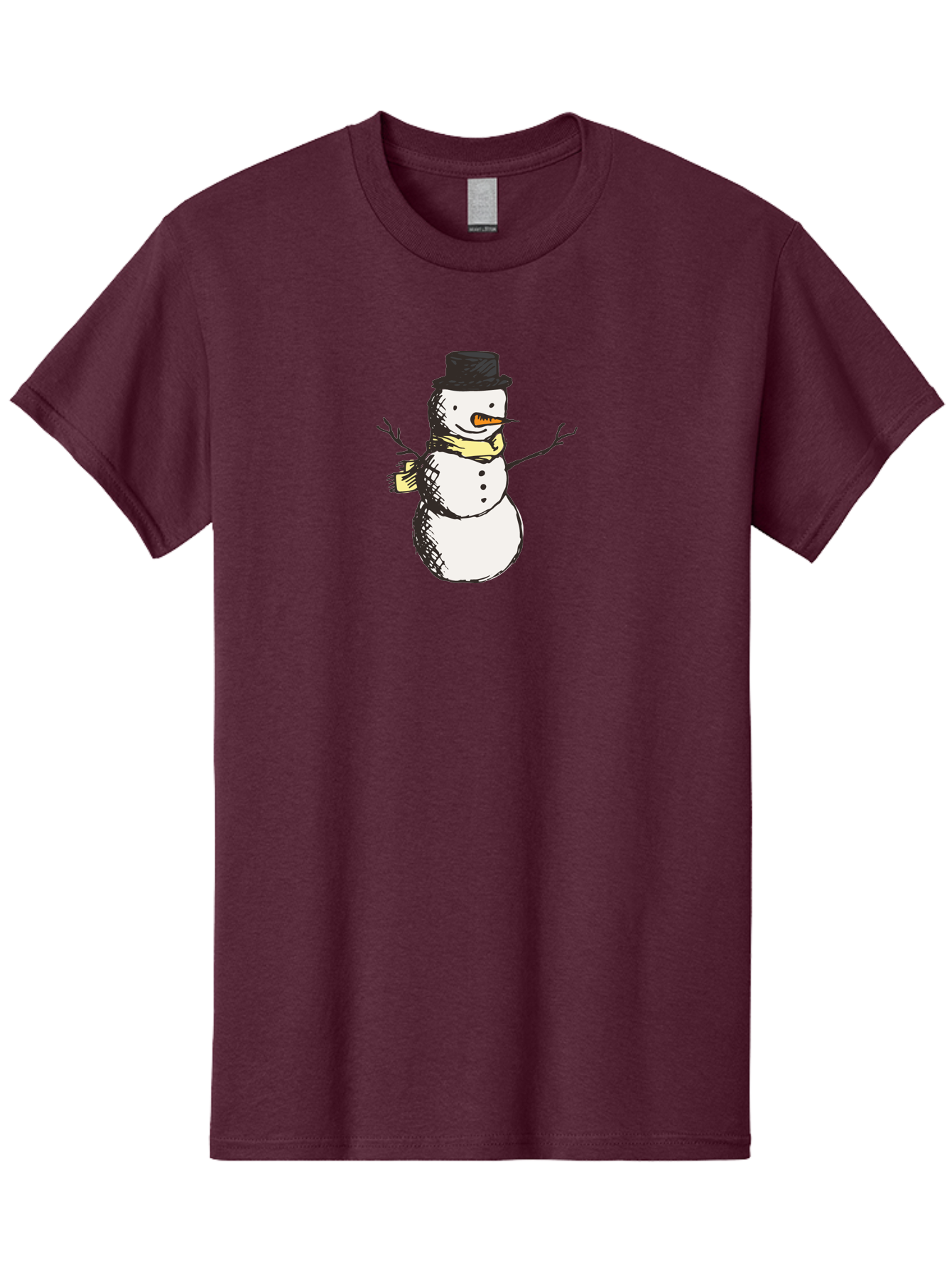 Smiling-Snowman Men'S Graphic Tee, 100% Cotton, Comfortable Casual Summer Wear, Machine Washable, Cartoon Snowman, Winter Character, Top Hat, Yellow Scarf, Carrot Nose, Stick Arms, Winter Fun, Festive Figure, Holiday Cheer, Aab110