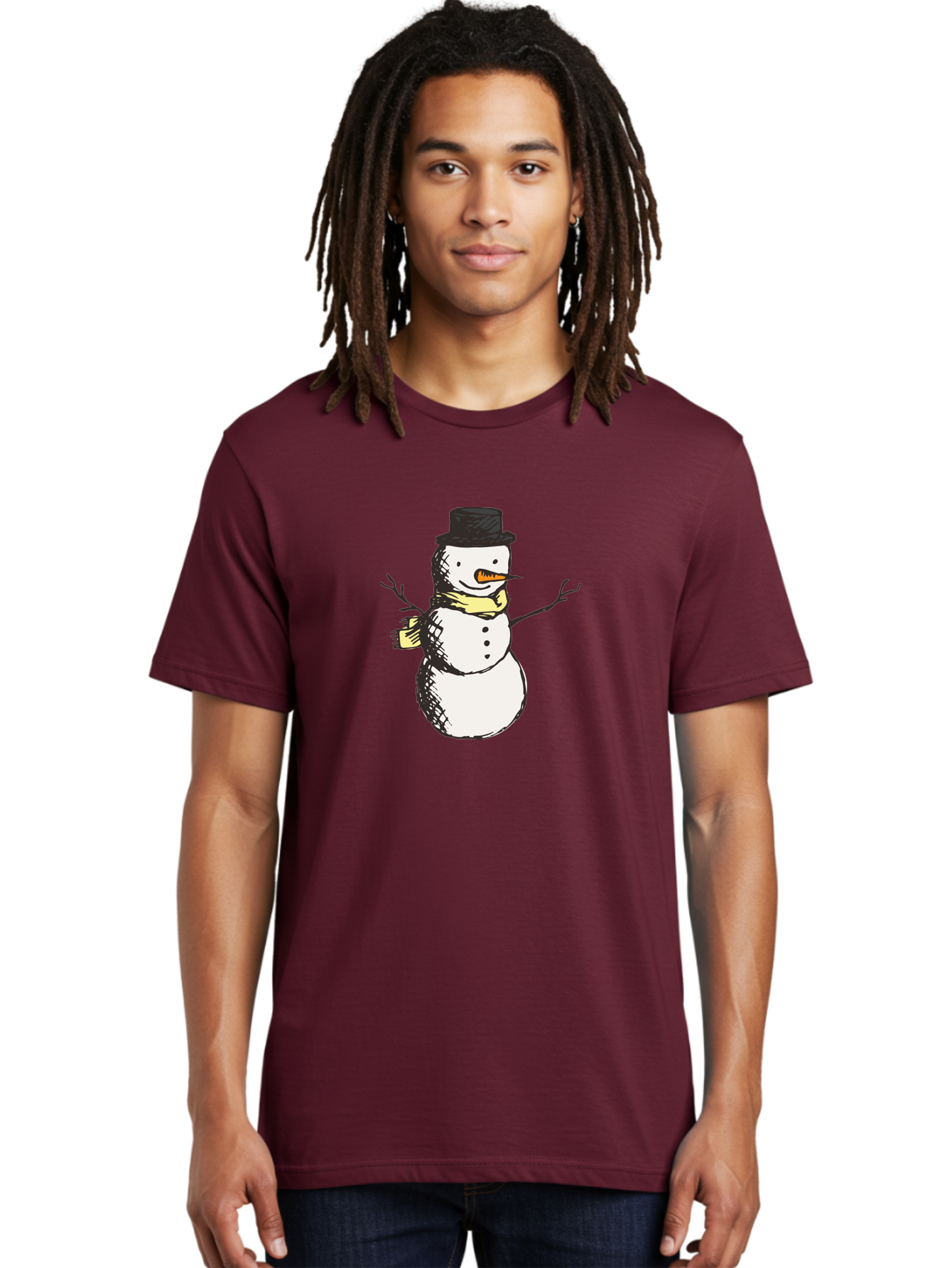 Smiling-Snowman Men'S Graphic Tee, 100% Cotton, Comfortable Casual Summer Wear, Machine Washable, Cartoon Snowman, Winter Character, Top Hat, Yellow Scarf, Carrot Nose, Stick Arms, Winter Fun, Festive Figure, Holiday Cheer, Aab110