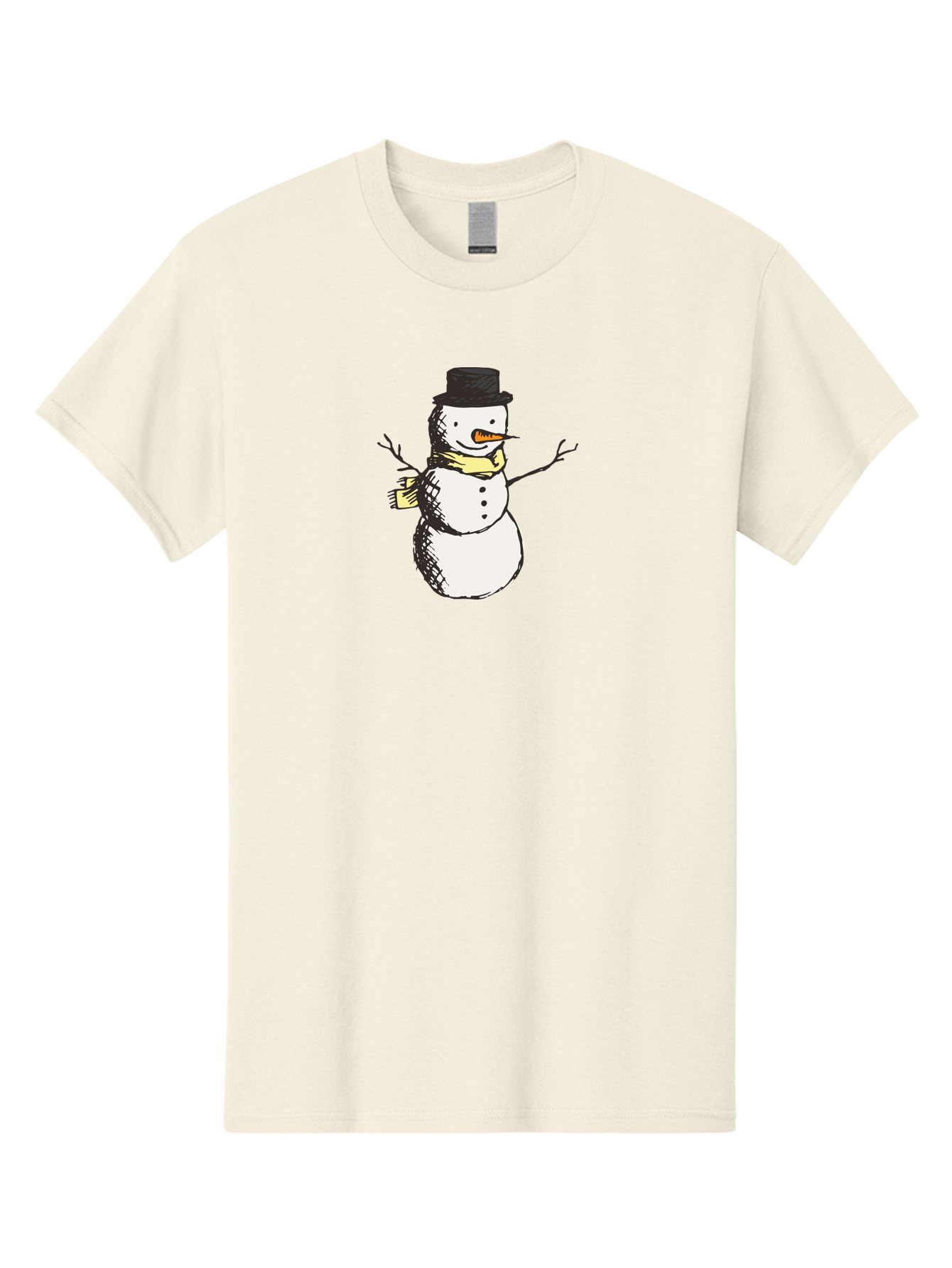 Smiling-Snowman Men'S Graphic Tee, 100% Cotton, Comfortable Casual Summer Wear, Machine Washable, Cartoon Snowman, Winter Character, Top Hat, Yellow Scarf, Carrot Nose, Stick Arms, Winter Fun, Festive Figure, Holiday Cheer, Aab110