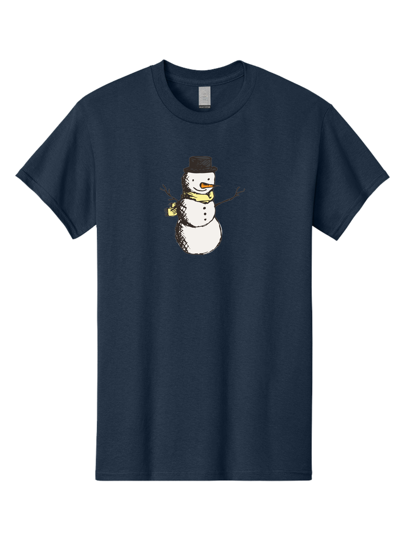 Smiling-Snowman Men'S Graphic Tee, 100% Cotton, Comfortable Casual Summer Wear, Machine Washable, Cartoon Snowman, Winter Character, Top Hat, Yellow Scarf, Carrot Nose, Stick Arms, Winter Fun, Festive Figure, Holiday Cheer, Aab110