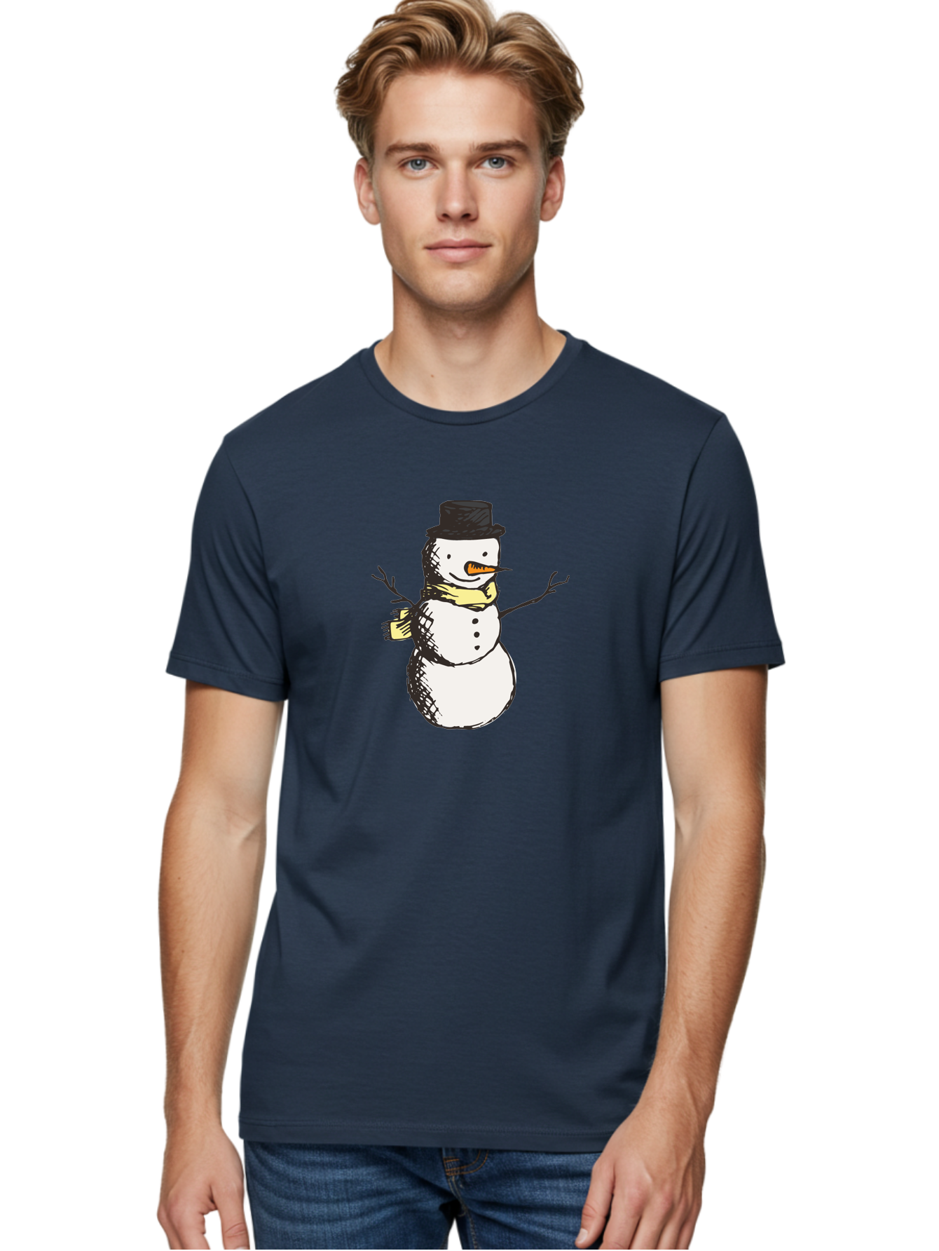 Smiling-Snowman Men'S Graphic Tee, 100% Cotton, Comfortable Casual Summer Wear, Machine Washable, Cartoon Snowman, Winter Character, Top Hat, Yellow Scarf, Carrot Nose, Stick Arms, Winter Fun, Festive Figure, Holiday Cheer, Aab110