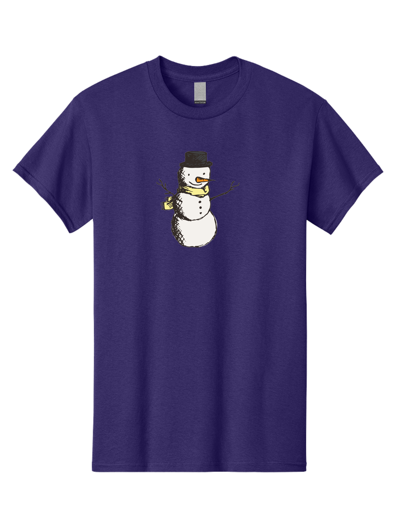 Smiling-Snowman Men'S Graphic Tee, 100% Cotton, Comfortable Casual Summer Wear, Machine Washable, Cartoon Snowman, Winter Character, Top Hat, Yellow Scarf, Carrot Nose, Stick Arms, Winter Fun, Festive Figure, Holiday Cheer, Aab110