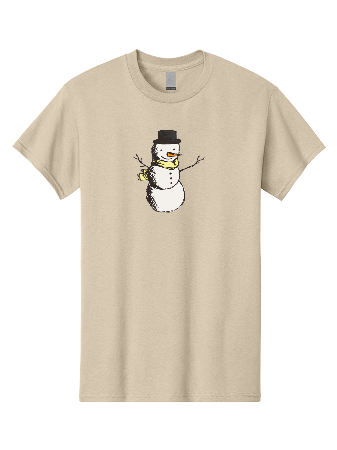 Smiling-Snowman Men'S Graphic Tee, 100% Cotton, Comfortable Casual Summer Wear, Machine Washable, Cartoon Snowman, Winter Character, Top Hat, Yellow Scarf, Carrot Nose, Stick Arms, Winter Fun, Festive Figure, Holiday Cheer, Aab110