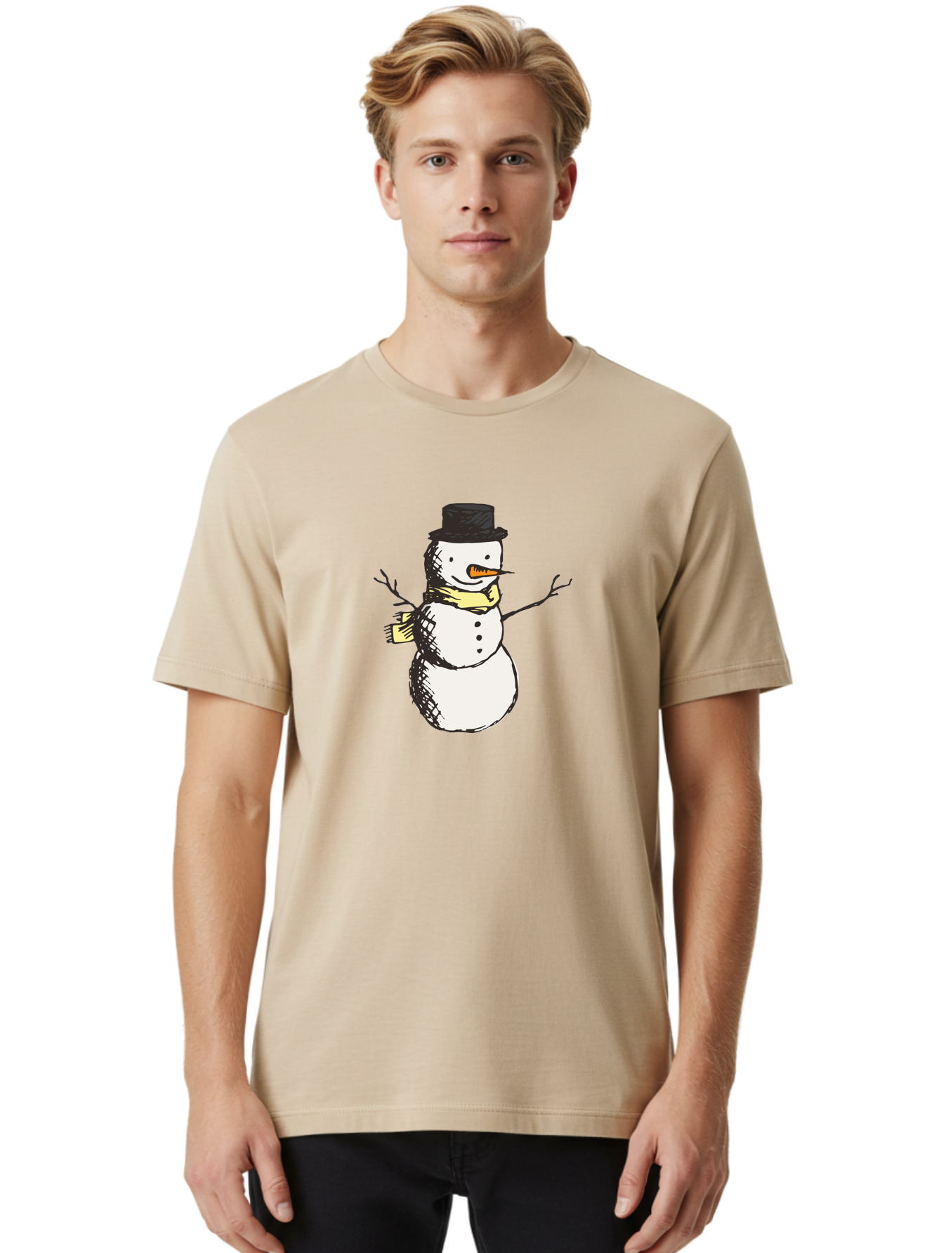 Smiling-Snowman Men'S Graphic Tee, 100% Cotton, Comfortable Casual Summer Wear, Machine Washable, Cartoon Snowman, Winter Character, Top Hat, Yellow Scarf, Carrot Nose, Stick Arms, Winter Fun, Festive Figure, Holiday Cheer, Aab110
