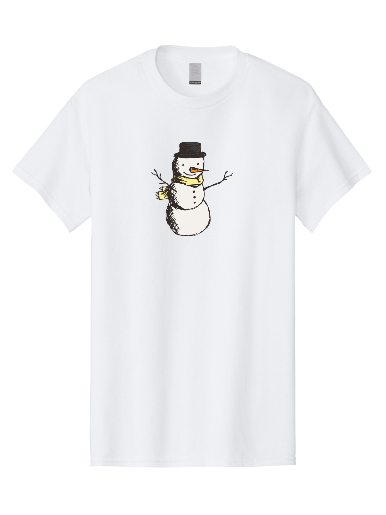 Smiling-Snowman Men'S Graphic Tee, 100% Cotton, Comfortable Casual Summer Wear, Machine Washable, Cartoon Snowman, Winter Character, Top Hat, Yellow Scarf, Carrot Nose, Stick Arms, Winter Fun, Festive Figure, Holiday Cheer, Aab110