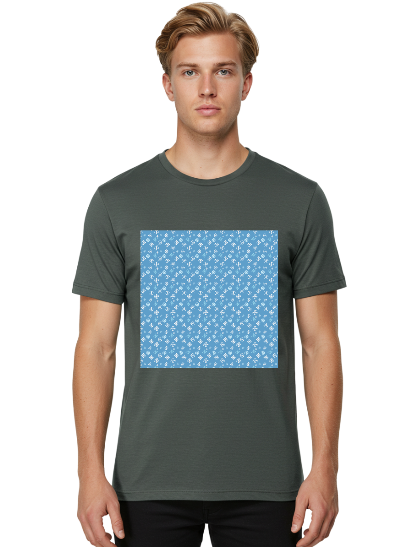 Snowflake-Pattern Men'S Graphic Tee, 100% Cotton, Comfortable Casual Summer Wear, Machine Washable, Snowflakes Pattern, White Snowflakes, Blue Background, Winter Theme, Festive Design, Delicate Snowflakes, Intricate Patterns, Holiday Decor, Aab121