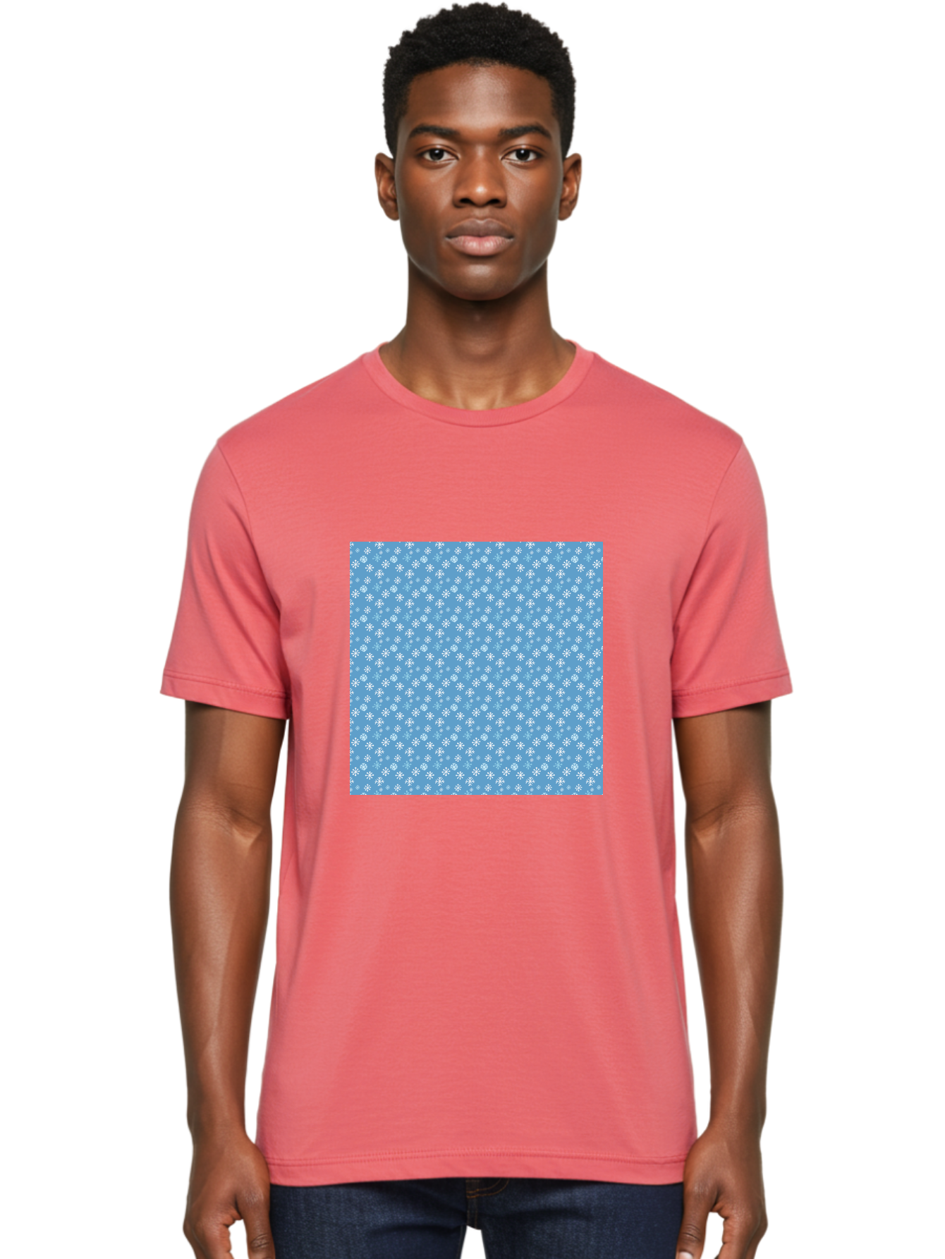 Snowflake-Pattern Men'S Graphic Tee, 100% Cotton, Comfortable Casual Summer Wear, Machine Washable, Snowflakes Pattern, White Snowflakes, Blue Background, Winter Theme, Festive Design, Delicate Snowflakes, Intricate Patterns, Holiday Decor, Aab121