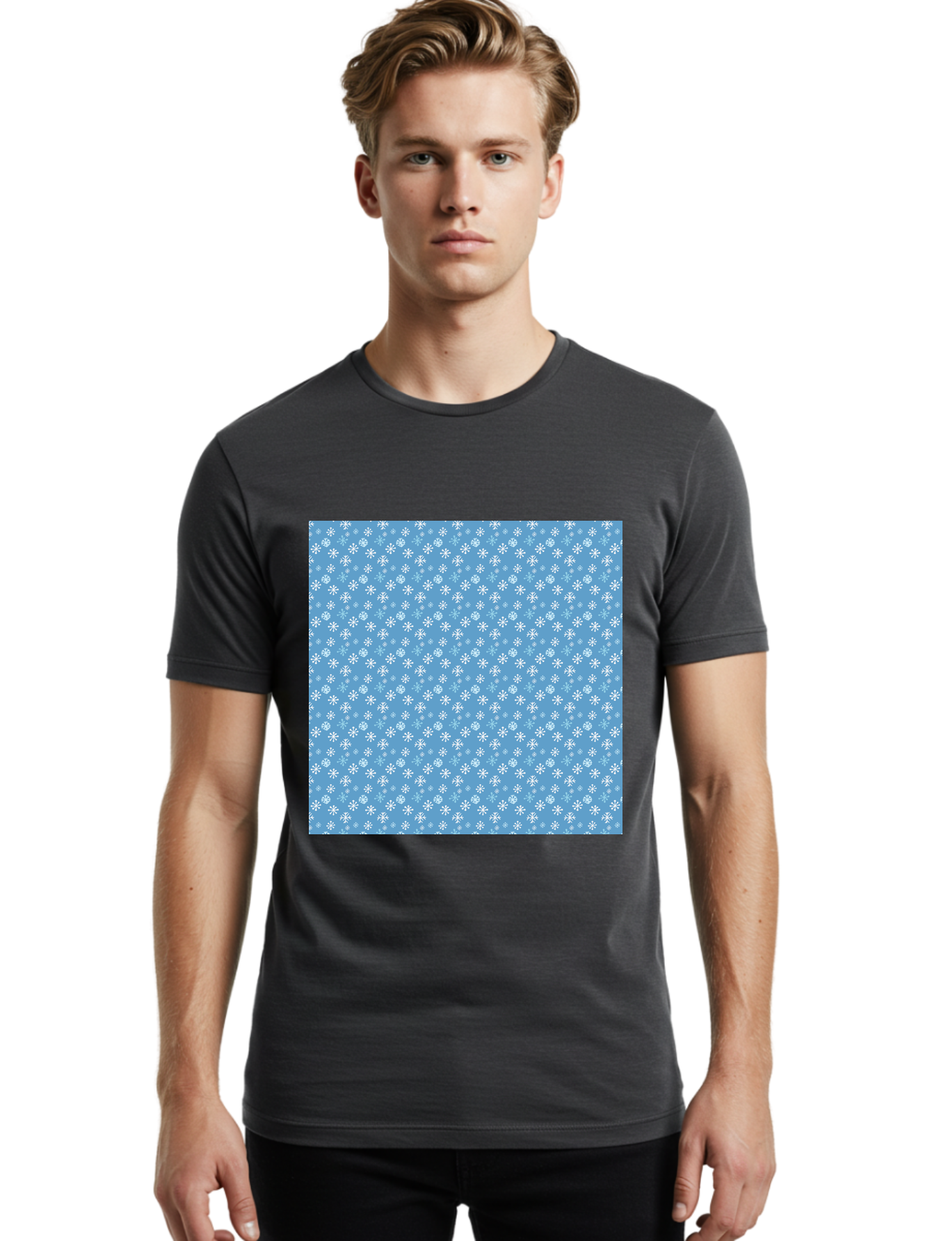 Snowflake-Pattern Men'S Graphic Tee, 100% Cotton, Comfortable Casual Summer Wear, Machine Washable, Snowflakes Pattern, White Snowflakes, Blue Background, Winter Theme, Festive Design, Delicate Snowflakes, Intricate Patterns, Holiday Decor, Aab121