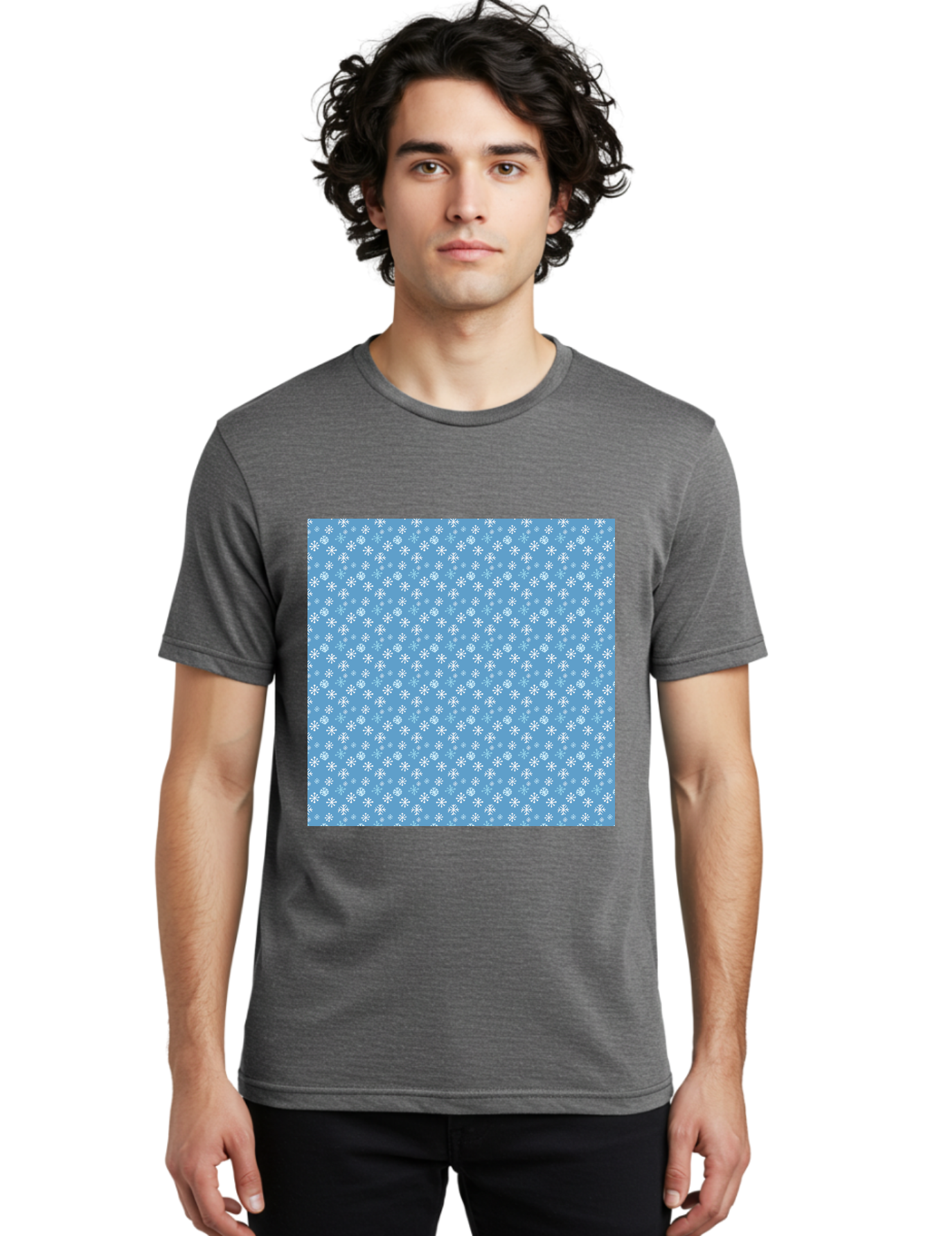 Snowflake-Pattern Men'S Graphic Tee, 100% Cotton, Comfortable Casual Summer Wear, Machine Washable, Snowflakes Pattern, White Snowflakes, Blue Background, Winter Theme, Festive Design, Delicate Snowflakes, Intricate Patterns, Holiday Decor, Aab121
