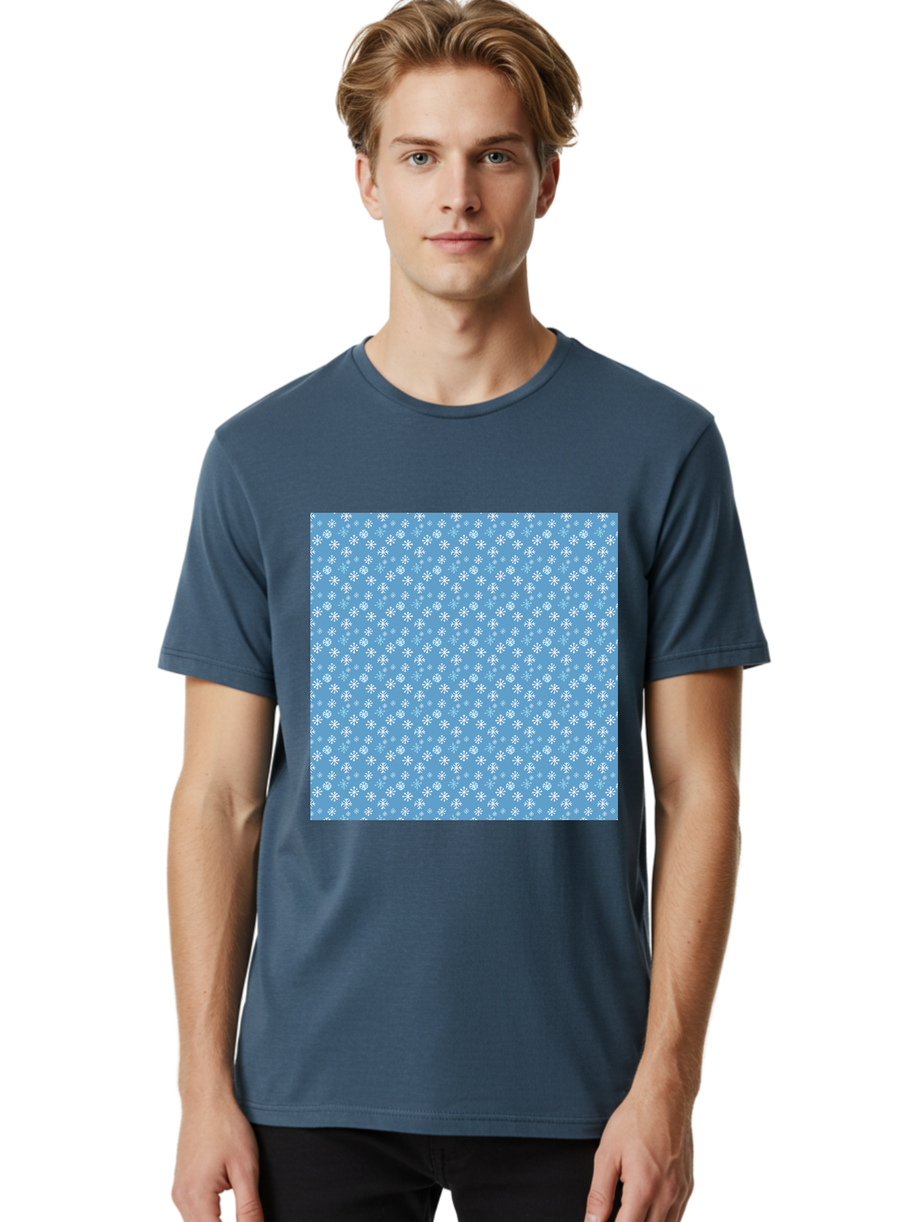 Snowflake-Pattern Men'S Graphic Tee, 100% Cotton, Comfortable Casual Summer Wear, Machine Washable, Snowflakes Pattern, White Snowflakes, Blue Background, Winter Theme, Festive Design, Delicate Snowflakes, Intricate Patterns, Holiday Decor, Aab121