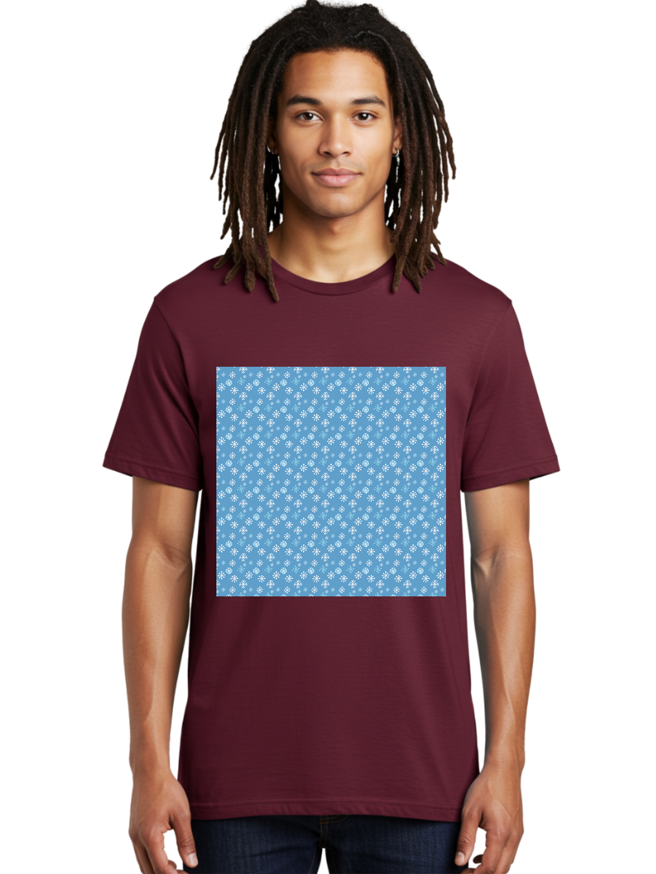Snowflake-Pattern Men'S Graphic Tee, 100% Cotton, Comfortable Casual Summer Wear, Machine Washable, Snowflakes Pattern, White Snowflakes, Blue Background, Winter Theme, Festive Design, Delicate Snowflakes, Intricate Patterns, Holiday Decor, Aab121