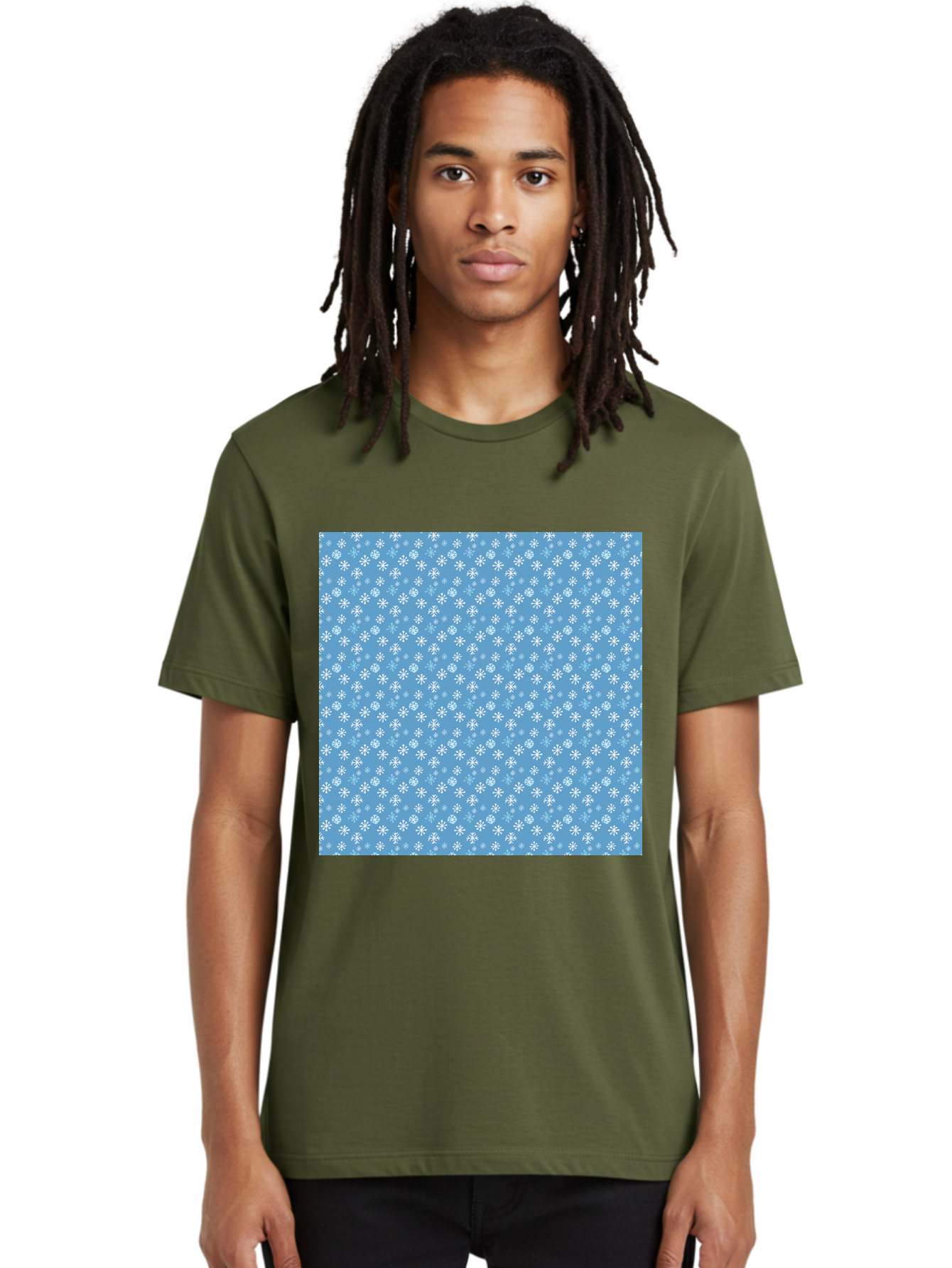Snowflake-Pattern Men'S Graphic Tee, 100% Cotton, Comfortable Casual Summer Wear, Machine Washable, Snowflakes Pattern, White Snowflakes, Blue Background, Winter Theme, Festive Design, Delicate Snowflakes, Intricate Patterns, Holiday Decor, Aab121