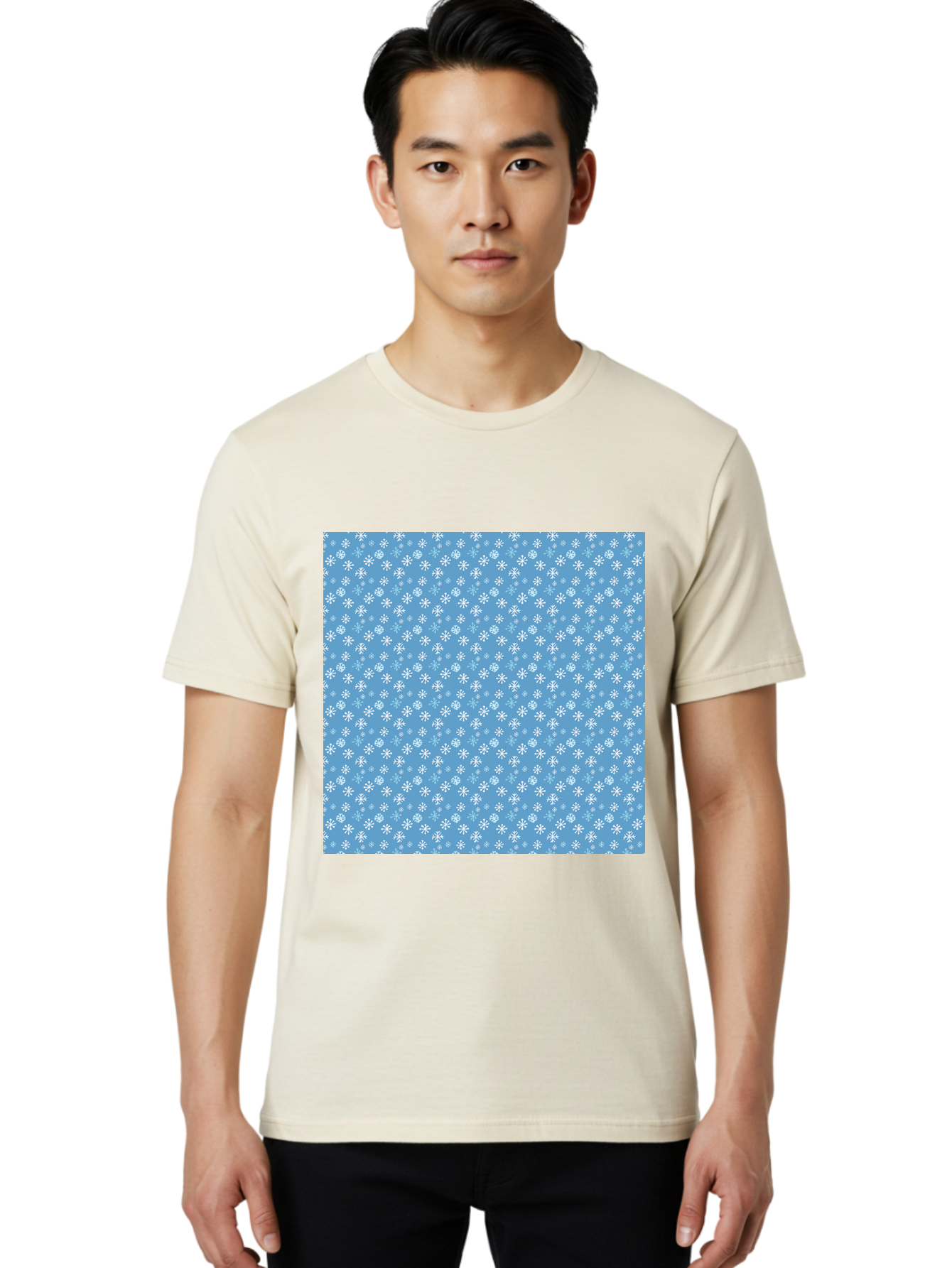 Snowflake-Pattern Men'S Graphic Tee, 100% Cotton, Comfortable Casual Summer Wear, Machine Washable, Snowflakes Pattern, White Snowflakes, Blue Background, Winter Theme, Festive Design, Delicate Snowflakes, Intricate Patterns, Holiday Decor, Aab121