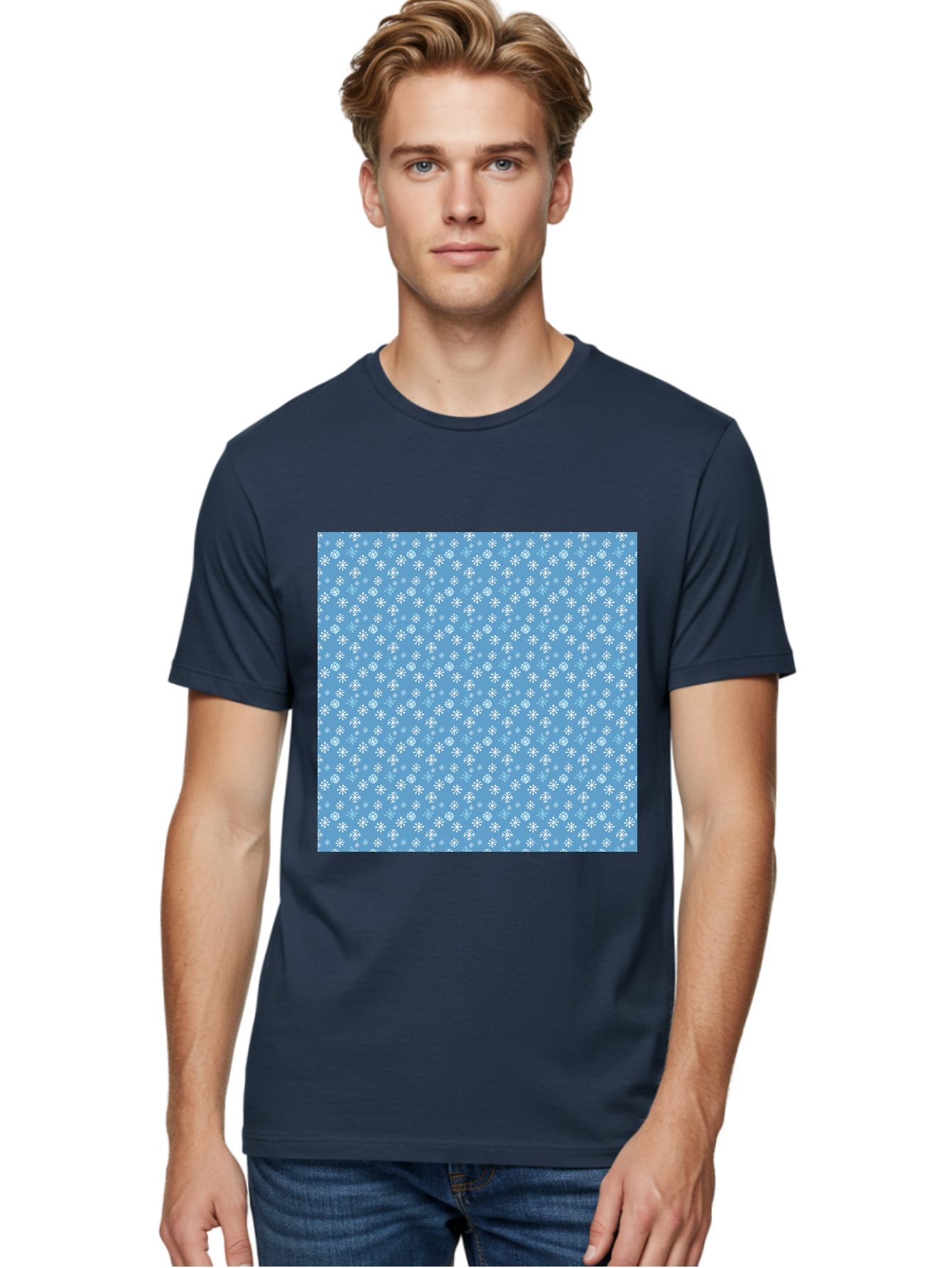 Snowflake-Pattern Men'S Graphic Tee, 100% Cotton, Comfortable Casual Summer Wear, Machine Washable, Snowflakes Pattern, White Snowflakes, Blue Background, Winter Theme, Festive Design, Delicate Snowflakes, Intricate Patterns, Holiday Decor, Aab121