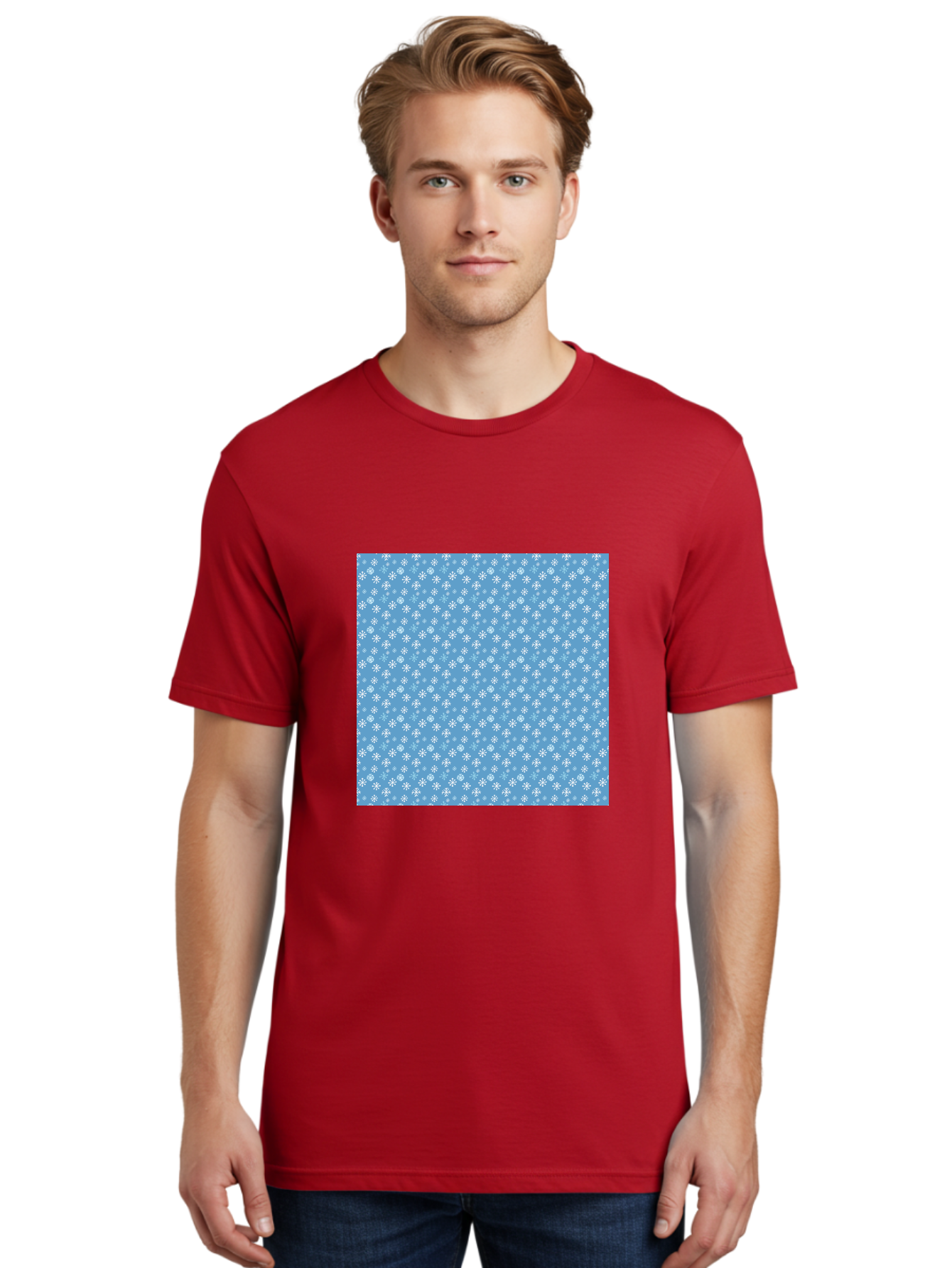Snowflake-Pattern Men'S Graphic Tee, 100% Cotton, Comfortable Casual Summer Wear, Machine Washable, Snowflakes Pattern, White Snowflakes, Blue Background, Winter Theme, Festive Design, Delicate Snowflakes, Intricate Patterns, Holiday Decor, Aab121