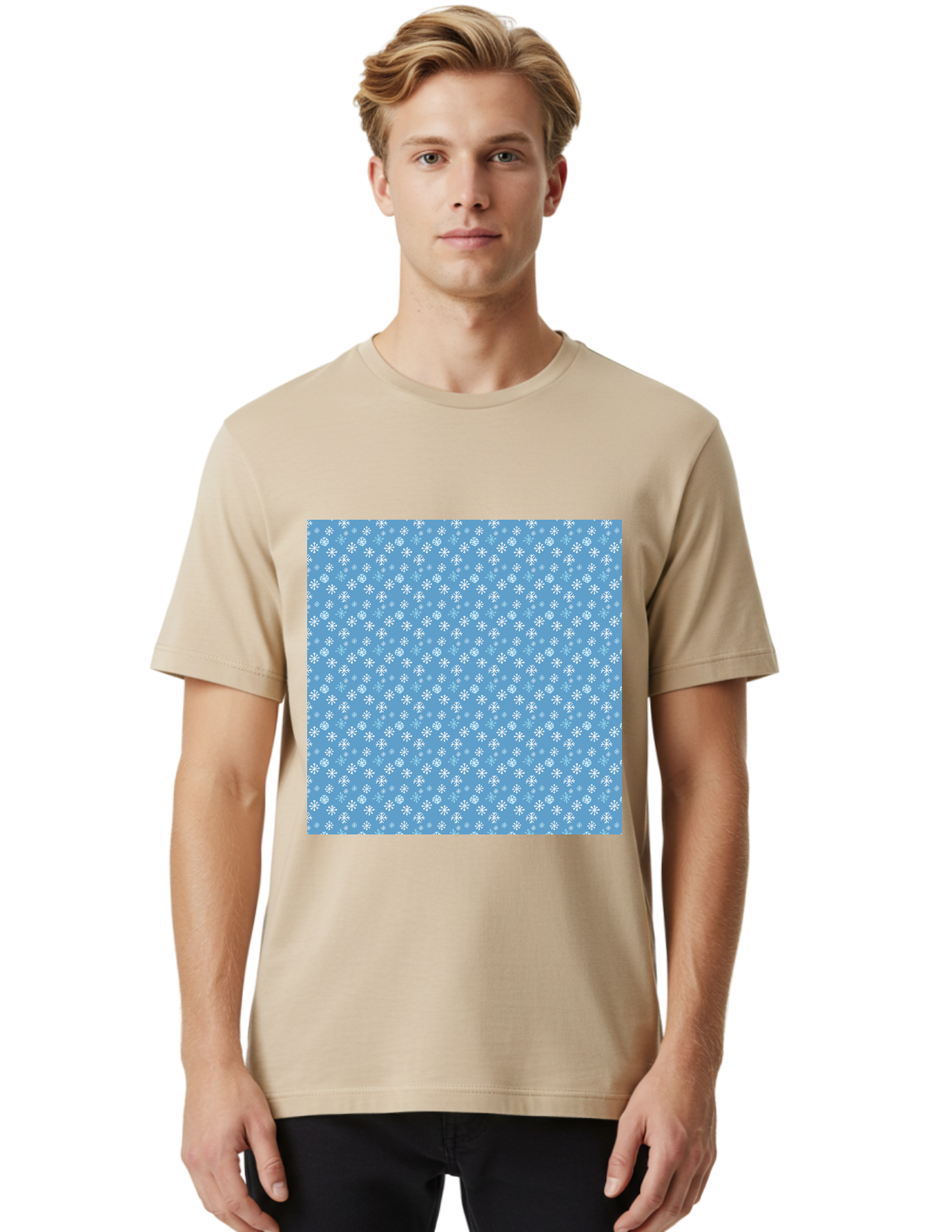 Snowflake-Pattern Men'S Graphic Tee, 100% Cotton, Comfortable Casual Summer Wear, Machine Washable, Snowflakes Pattern, White Snowflakes, Blue Background, Winter Theme, Festive Design, Delicate Snowflakes, Intricate Patterns, Holiday Decor, Aab121