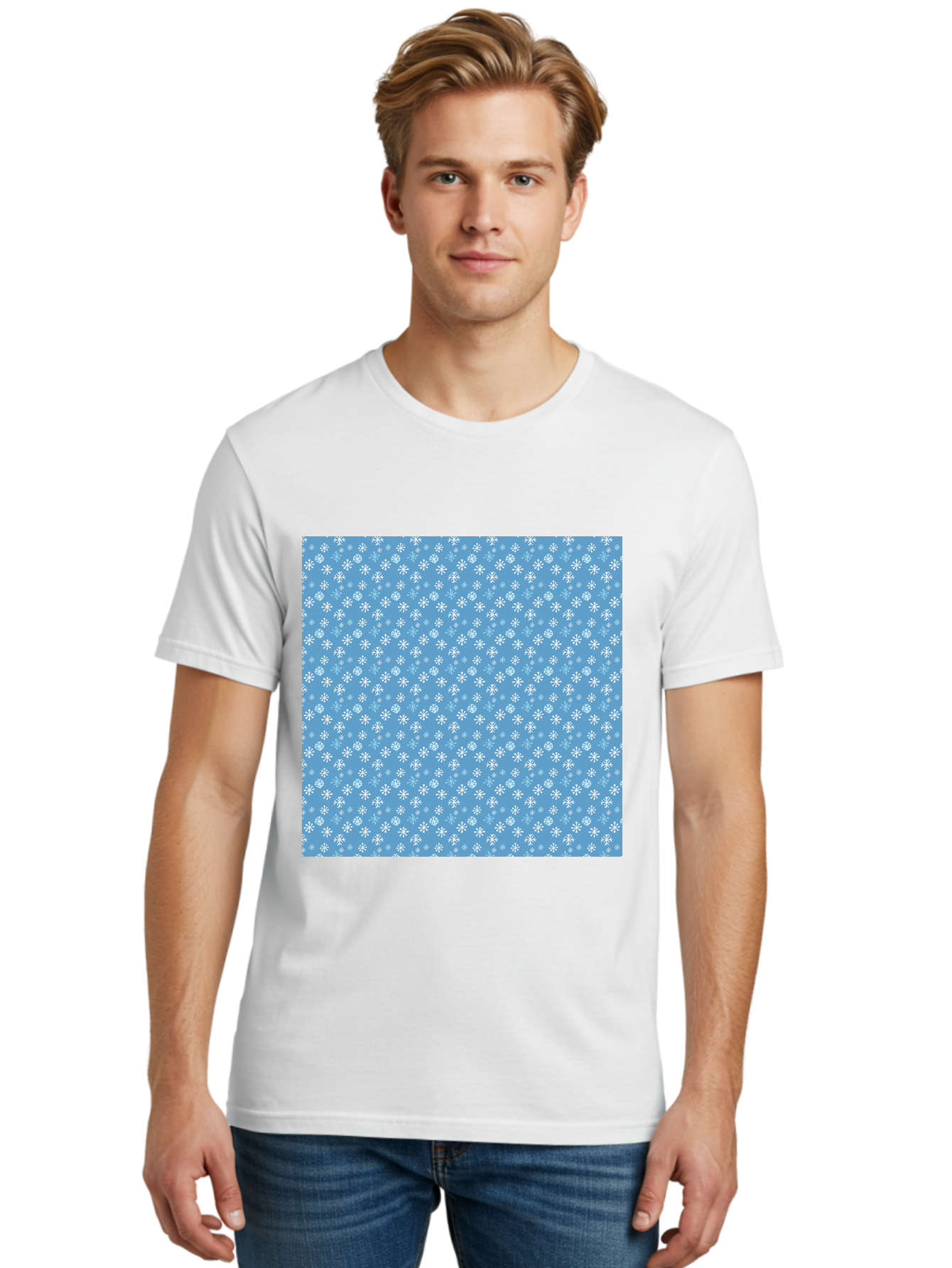 Snowflake-Pattern Men'S Graphic Tee, 100% Cotton, Comfortable Casual Summer Wear, Machine Washable, Snowflakes Pattern, White Snowflakes, Blue Background, Winter Theme, Festive Design, Delicate Snowflakes, Intricate Patterns, Holiday Decor, Aab121